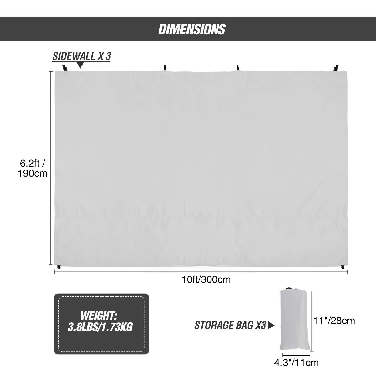 10x6.2ft Instant Canopy Sidewall for 10x10ft Pop Up Canopy