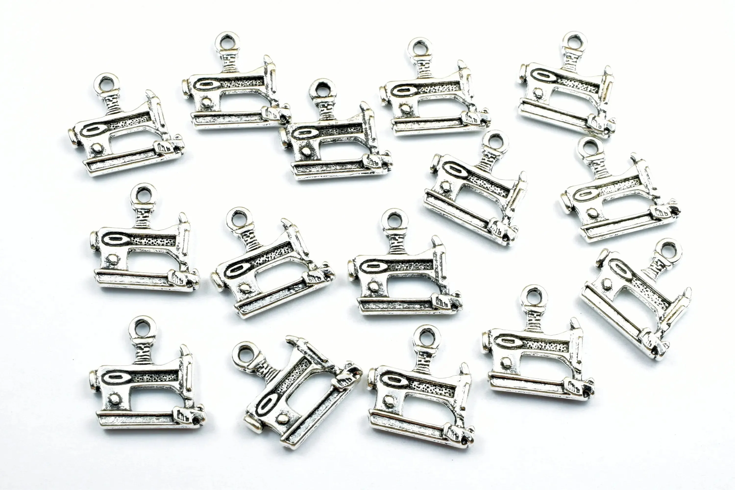 13PCs Sewing Machine Charm Antique Tibetan Silver Tone Charm Double Face Size 15x15mm, 2mm Jump Ring Finding Pendants for Jewelry Making