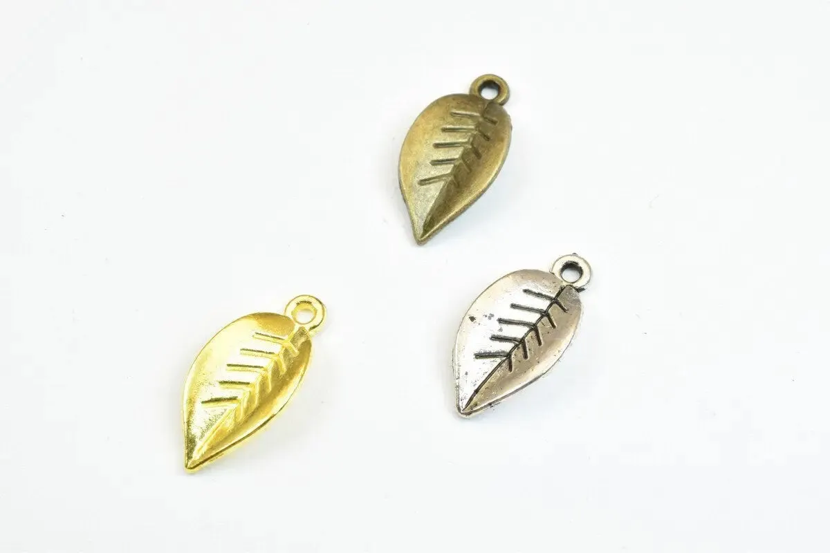 14 PCs Leaf Silver/Gold/Bronze Alloy Charm Beads Size 18x9.5mm Jump Ring Size 1.5mm Winter Leaf For Jewelry Making