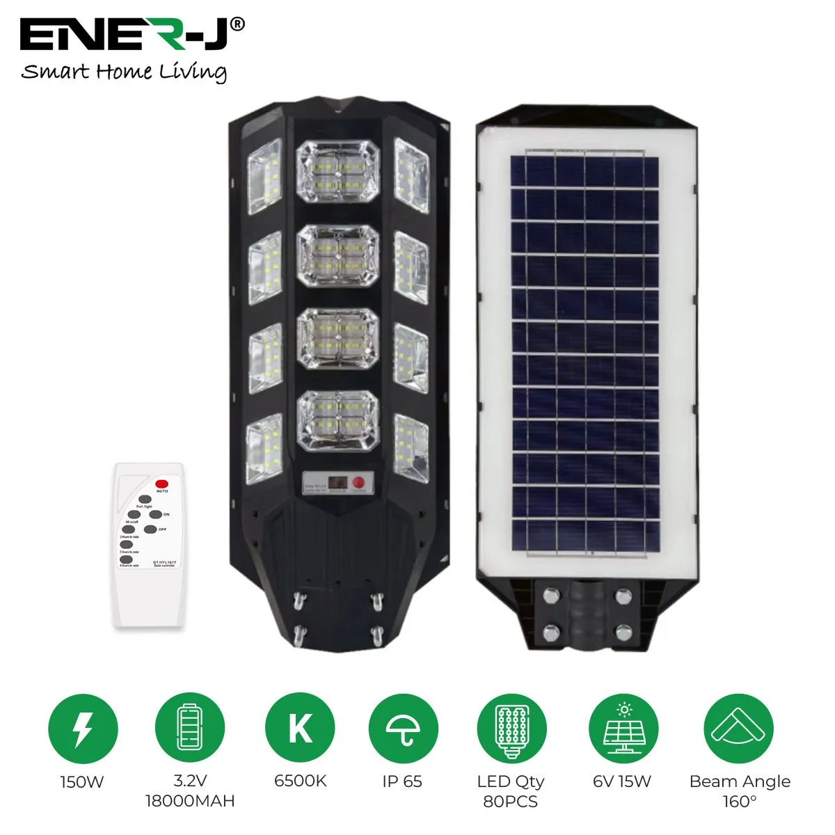 150W Solar Streetlights 6500K with 6V 15W Solar Panel & 18000 mAh Battery & Remote