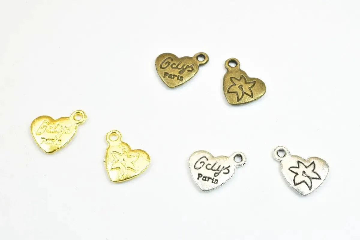 16 PCs Paris Alloy Heart Charm Beads Bronze/Gold/Silver Size 9x12mm Decorative Design Metal Beads 1mm JumpRing Opening for Jewelry Making