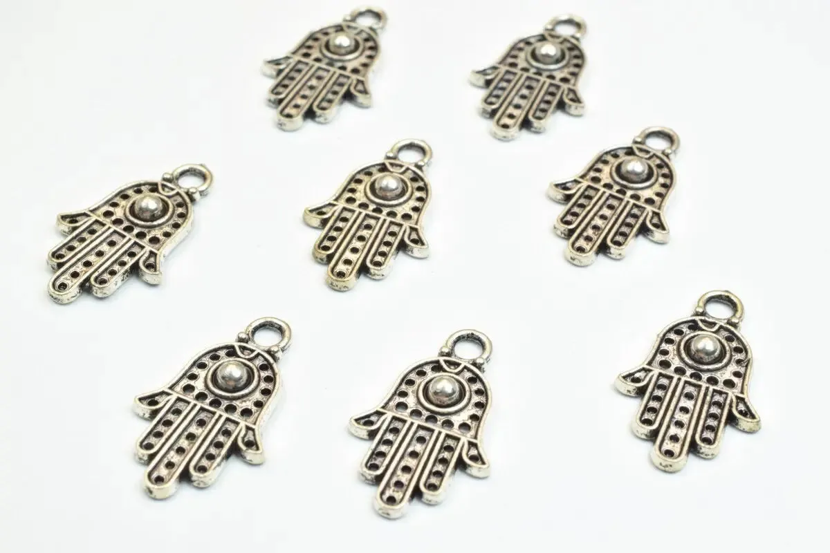 16 PCs Silver Alloy Hamsa Hand Charm Beads Antique Silver Size 20x12mm Decorative Design Metal Beads 3mm JumpRing Opening for Jewelry Making