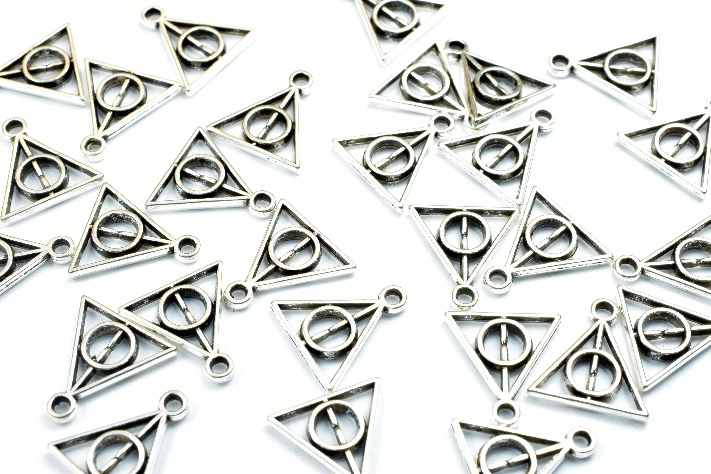 34PCs Triangle Charms Antique Tibetan Silver Tone Double Face Charm Size 13x12mm, 1.5mm Jump Ring Findings for Jewelry Making