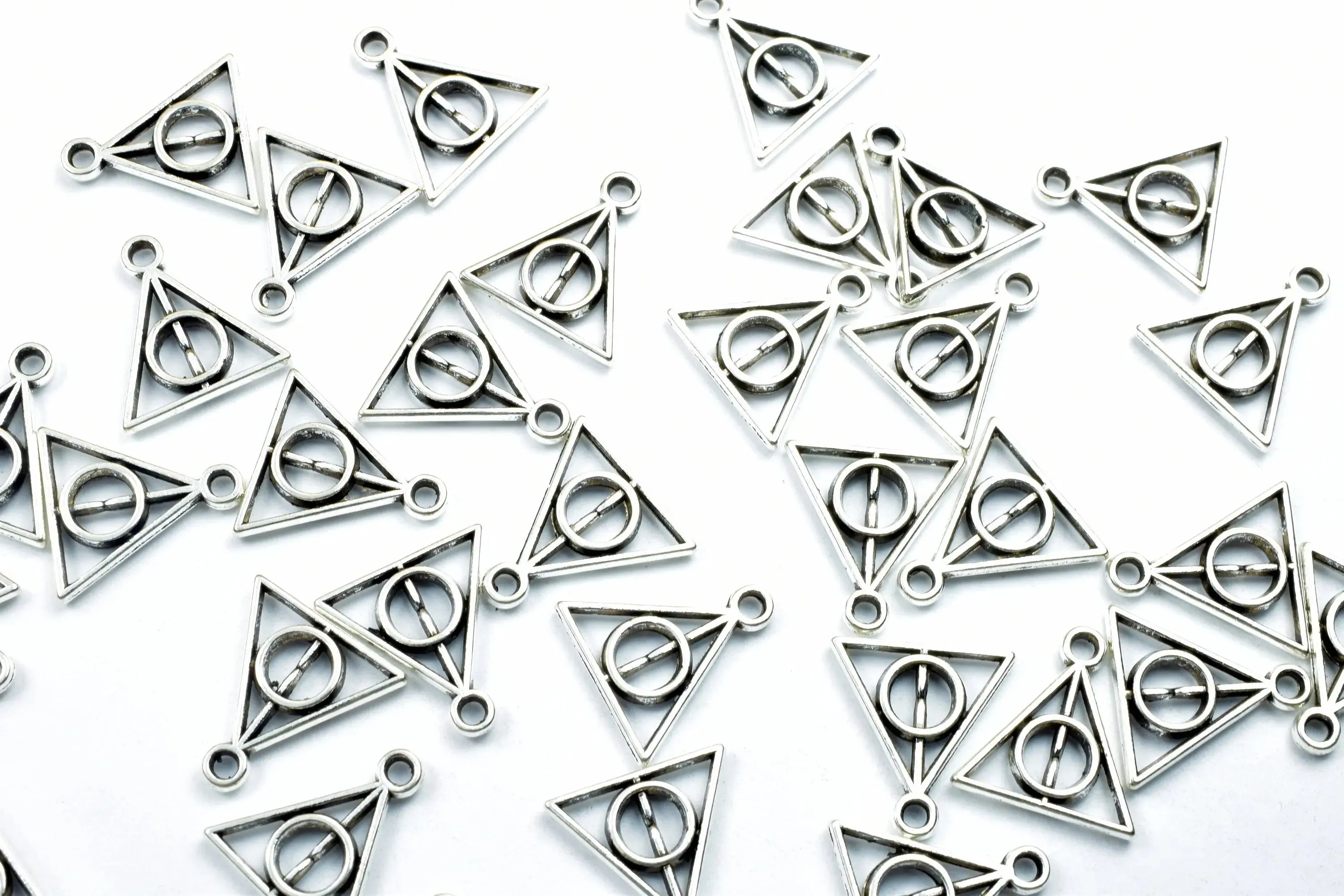 34PCs Triangle Charms Antique Tibetan Silver Tone Double Face Charm Size 13x12mm, 1.5mm Jump Ring Findings for Jewelry Making