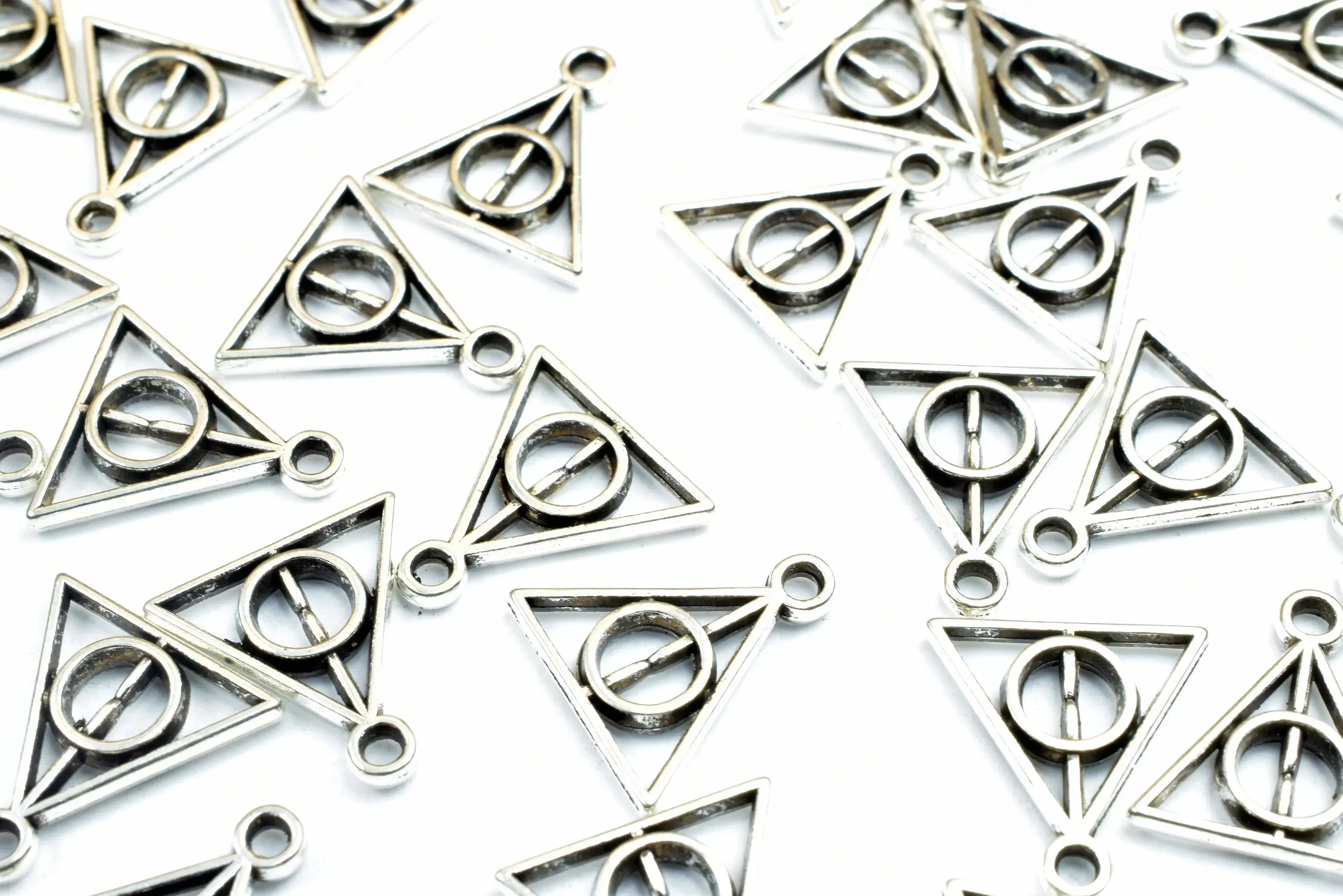 34PCs Triangle Charms Antique Tibetan Silver Tone Double Face Charm Size 13x12mm, 1.5mm Jump Ring Findings for Jewelry Making