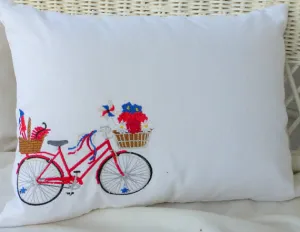 Bike Pillow cover, Embroidered bicycle pillow, 4th of July pillow covers