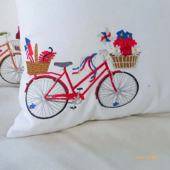 Bike Pillow cover, Embroidered bicycle pillow, 4th of July pillow covers