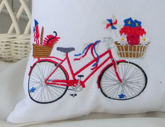 Bike Pillow cover, Embroidered bicycle pillow, 4th of July pillow covers