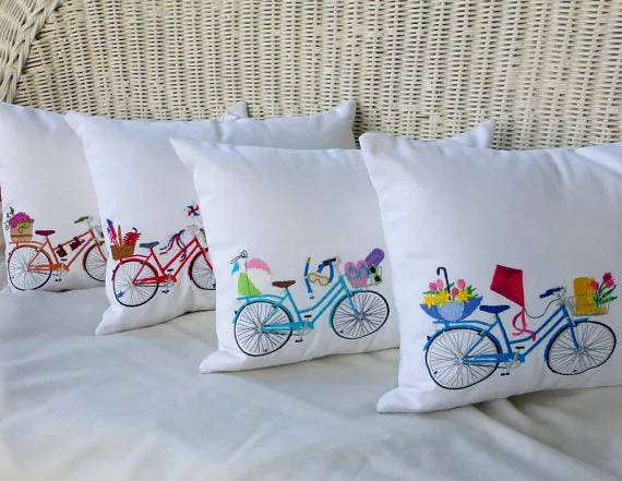 Bike Pillow cover, Embroidered bicycle pillow, 4th of July pillow covers