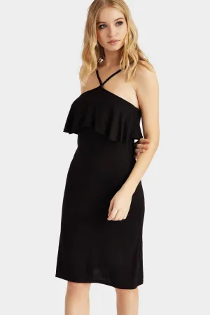 Black Large Frill V Strappy Dress