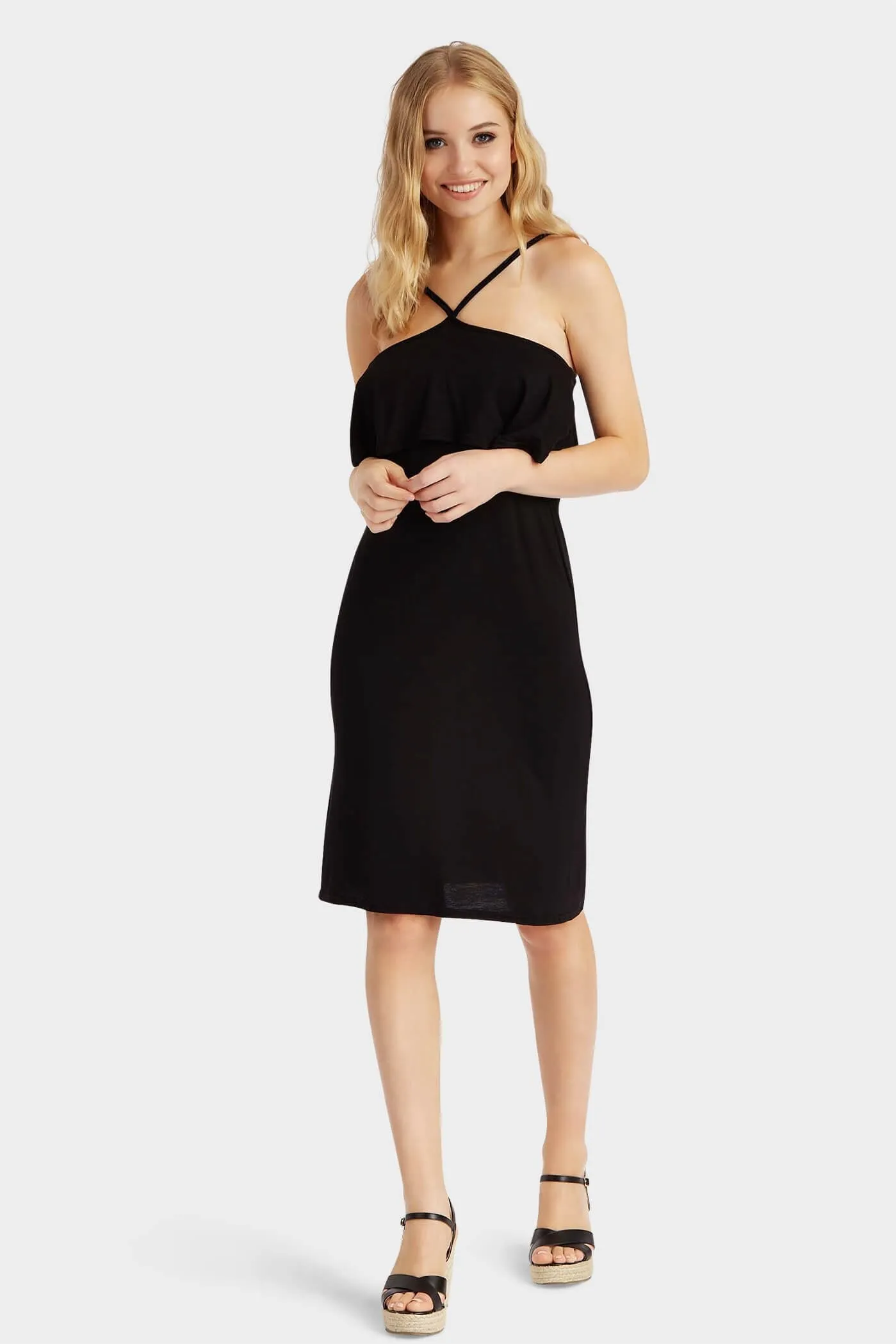 Black Large Frill V Strappy Dress