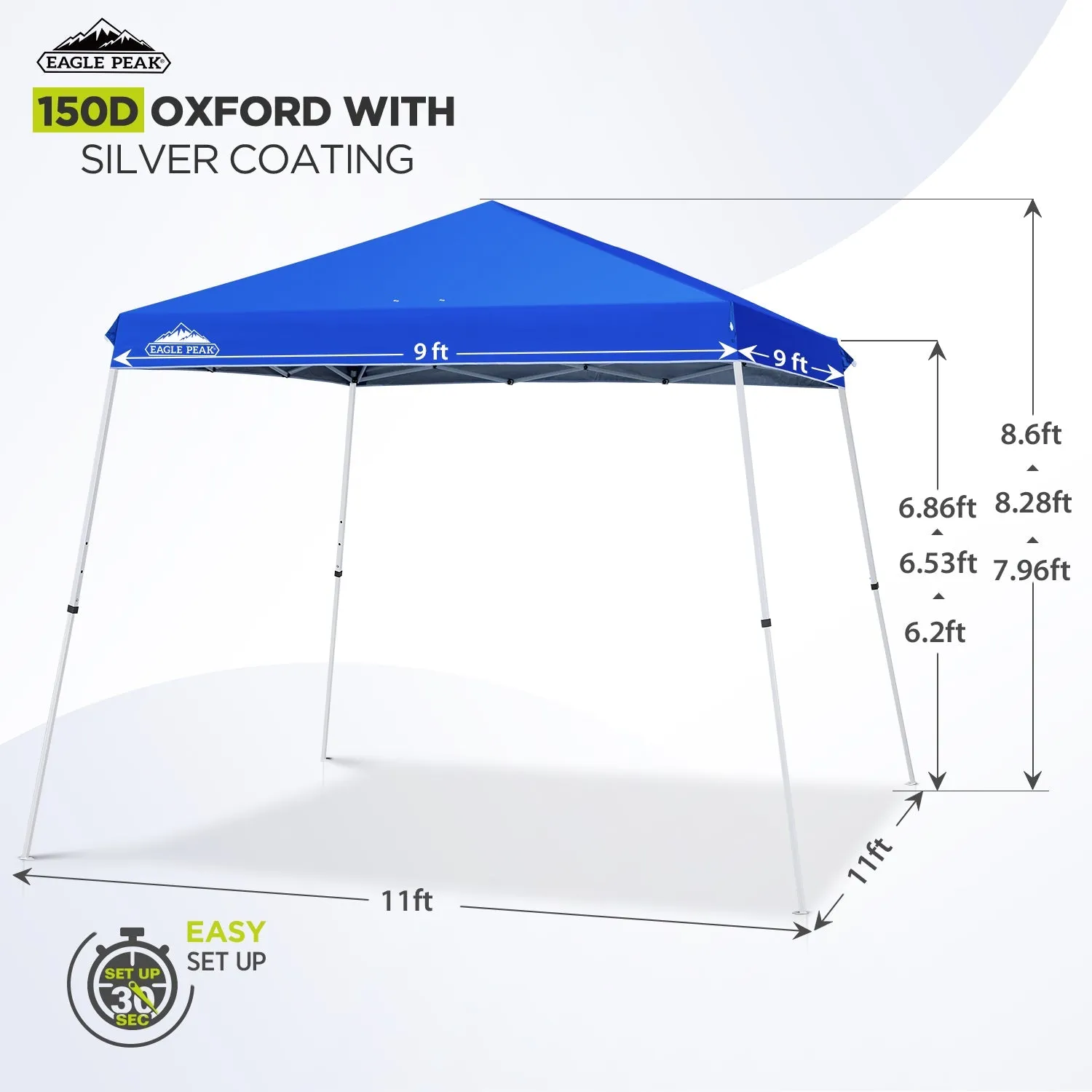 EAGLE PEAK 11x11 Slant Leg Pop-up Canopy Tent, Shelter 11x11 Base 9x9 Top, Blue / Green / White