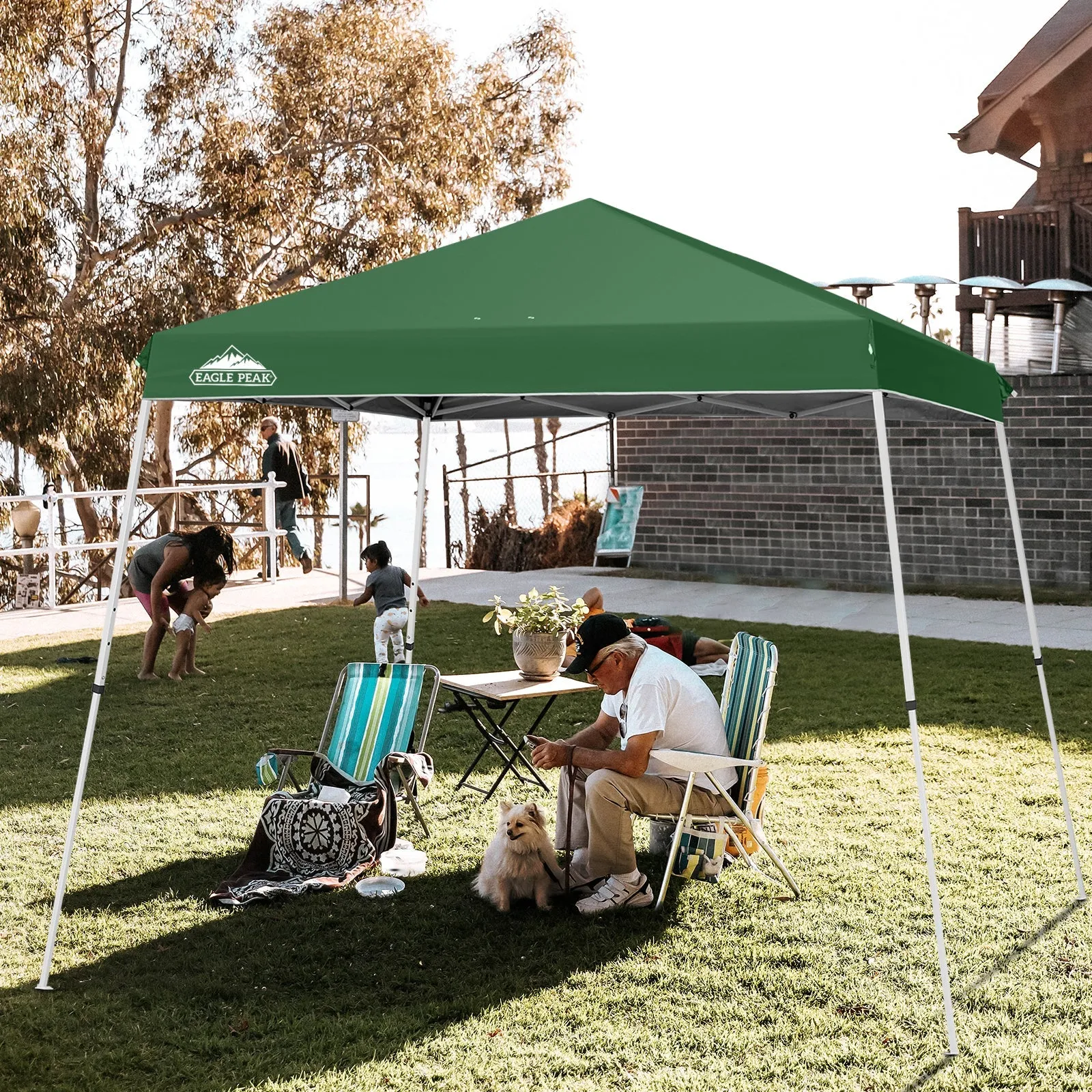 EAGLE PEAK 11x11 Slant Leg Pop-up Canopy Tent, Shelter 11x11 Base 9x9 Top, Blue / Green / White