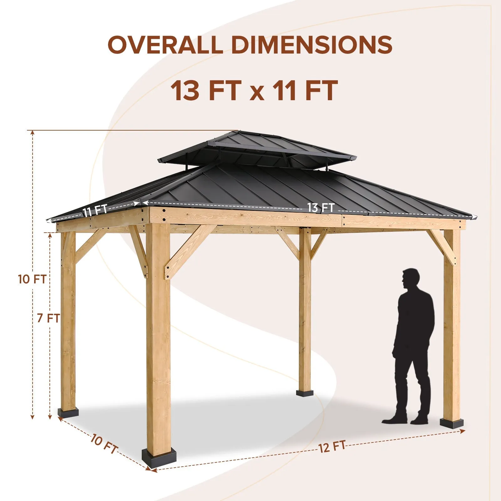 EAGLE PEAK 13x11 Outdoor Cedar Framed Hardtop Gazebo, Galvanized Steel Double Roof Gazebo Canopy for Garden, Patio, Lawn and Party, Black