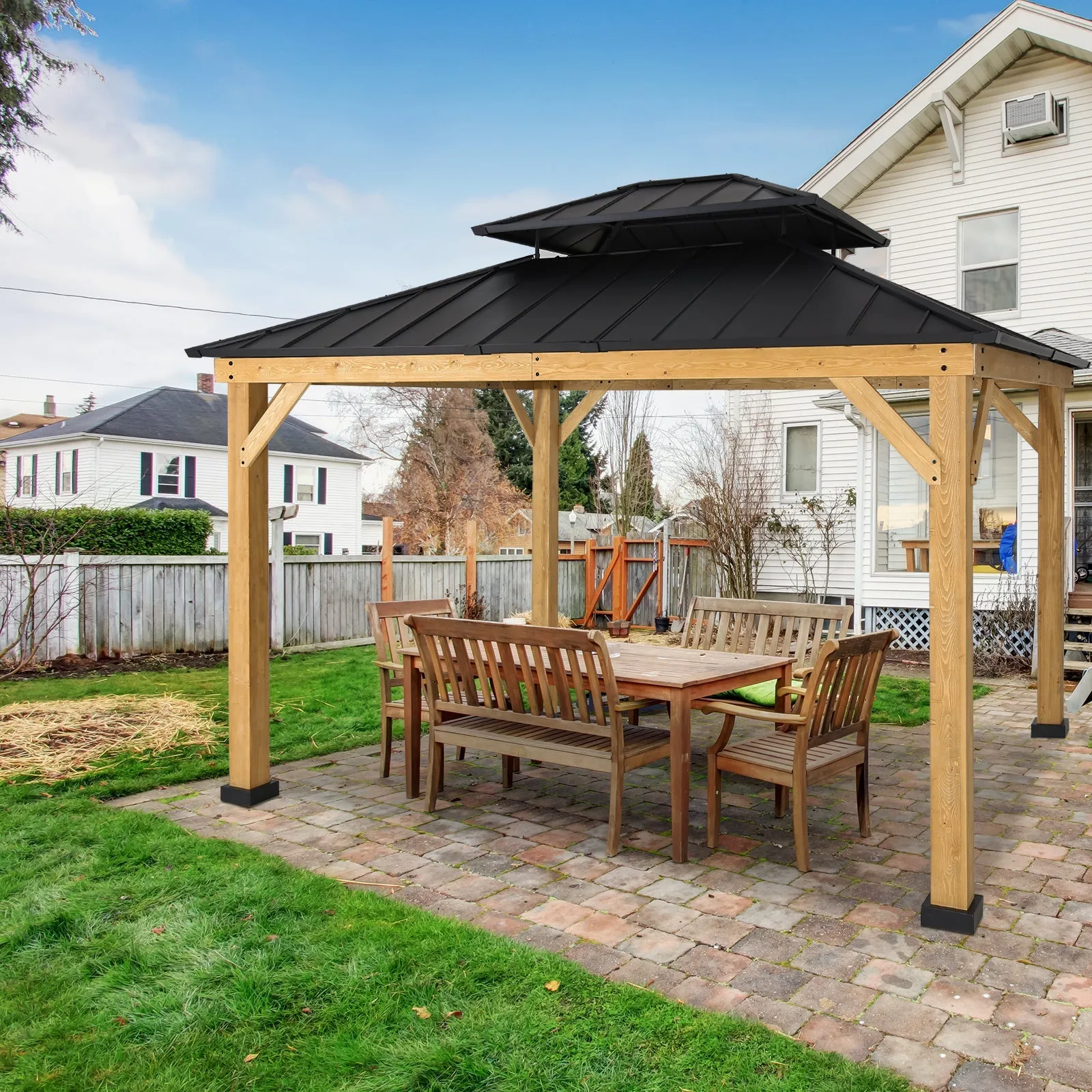 EAGLE PEAK 13x11 Outdoor Cedar Framed Hardtop Gazebo, Galvanized Steel Double Roof Gazebo Canopy for Garden, Patio, Lawn and Party, Black