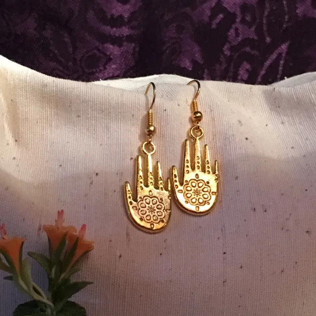 Earrrings hand shaped/ hand shaped jewelry/gold hands with center flower