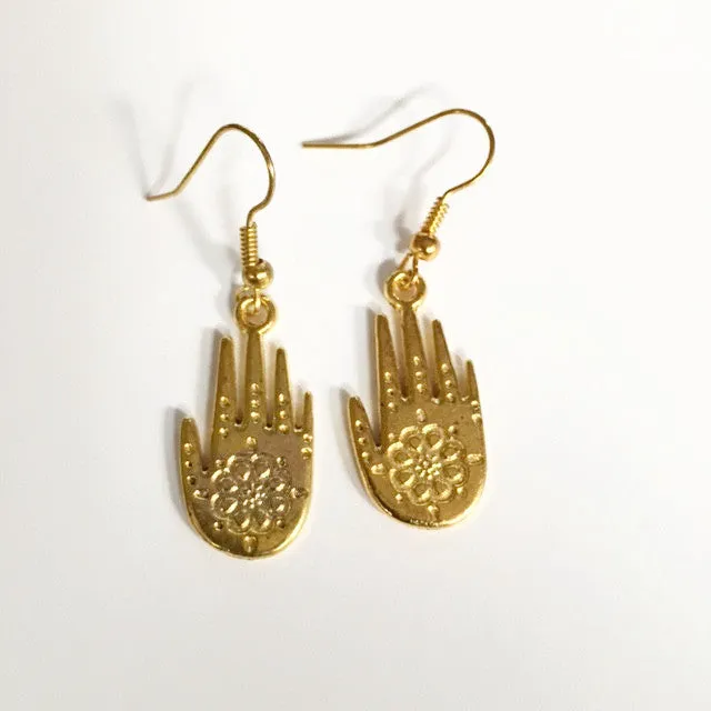 Earrrings hand shaped/ hand shaped jewelry/gold hands with center flower