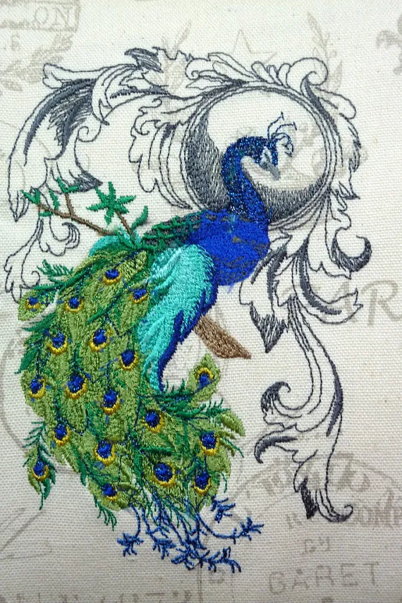 Embroidered Peacock Pillow Cover, Premier Prints fabric