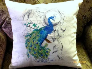 Embroidered Peacock Pillow Cover, Premier Prints fabric