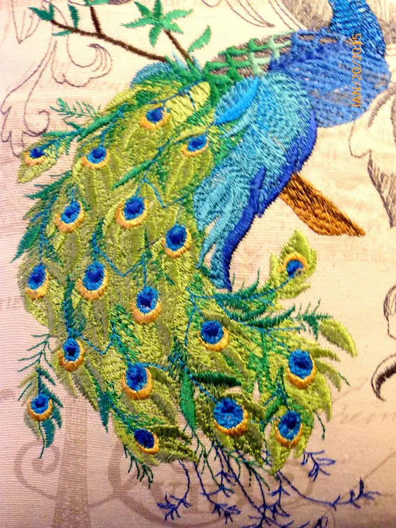 Embroidered Peacock Pillow Cover, Premier Prints fabric