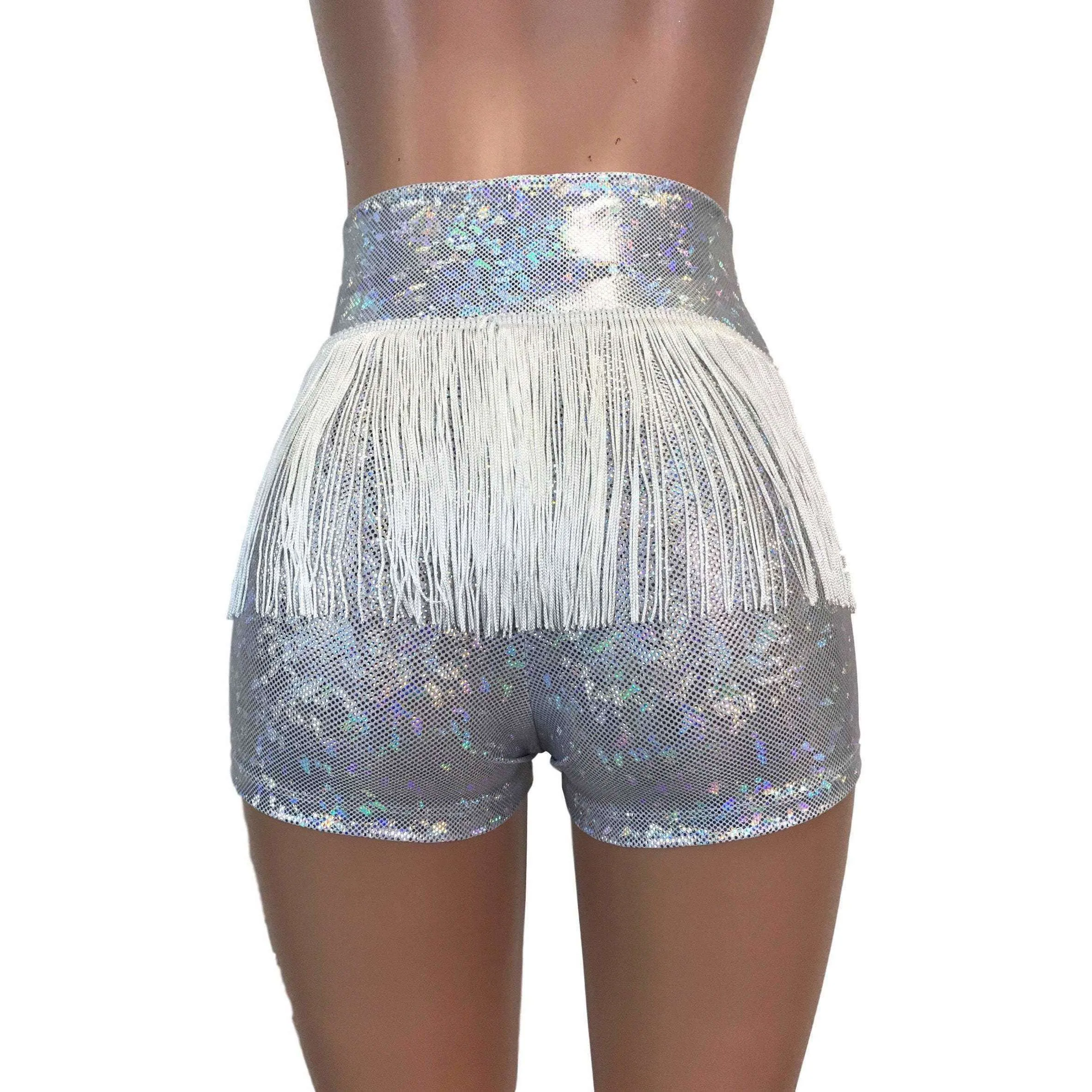 Fringe High Waisted Booty Shorts - Silver Shattered Glass