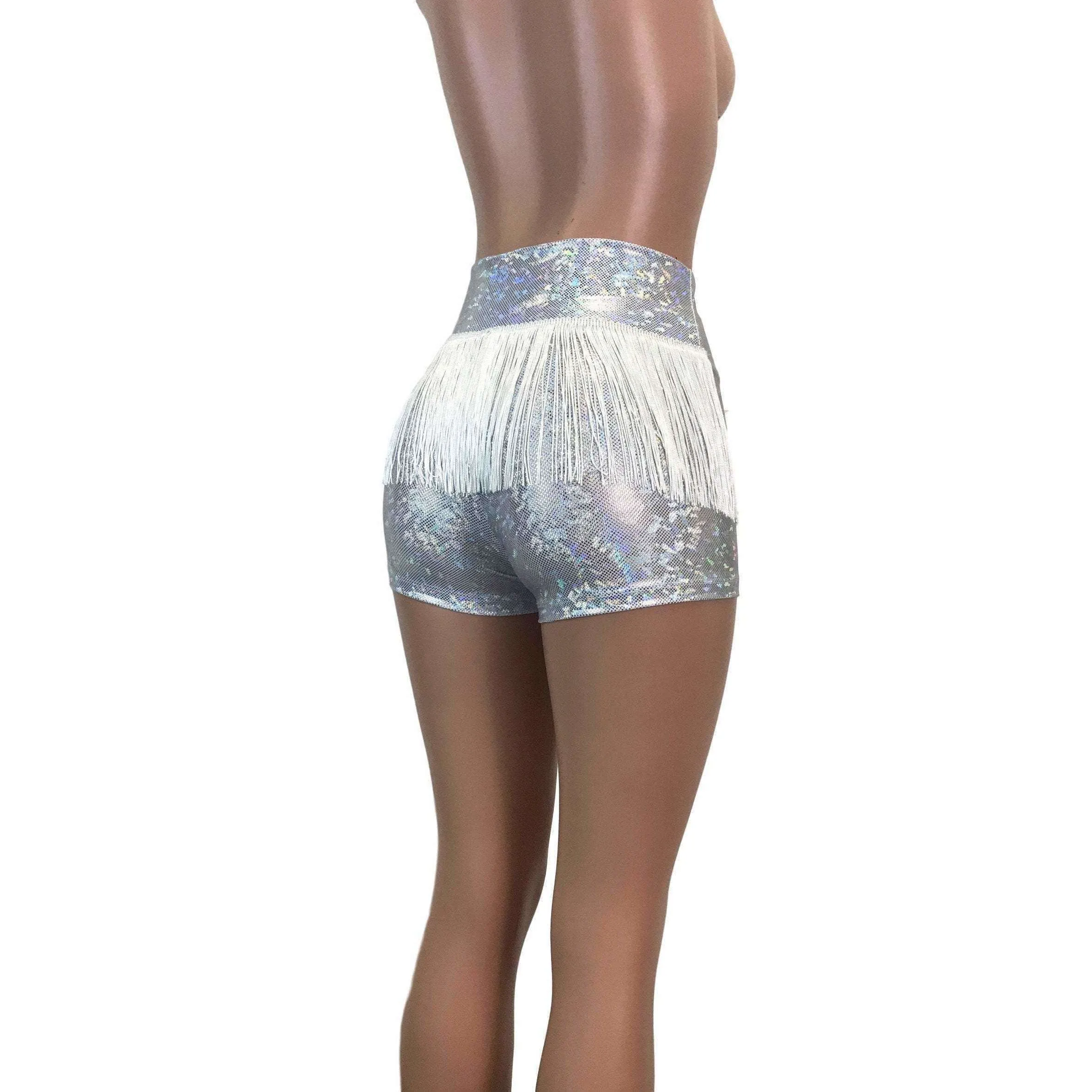 Fringe High Waisted Booty Shorts - Silver Shattered Glass