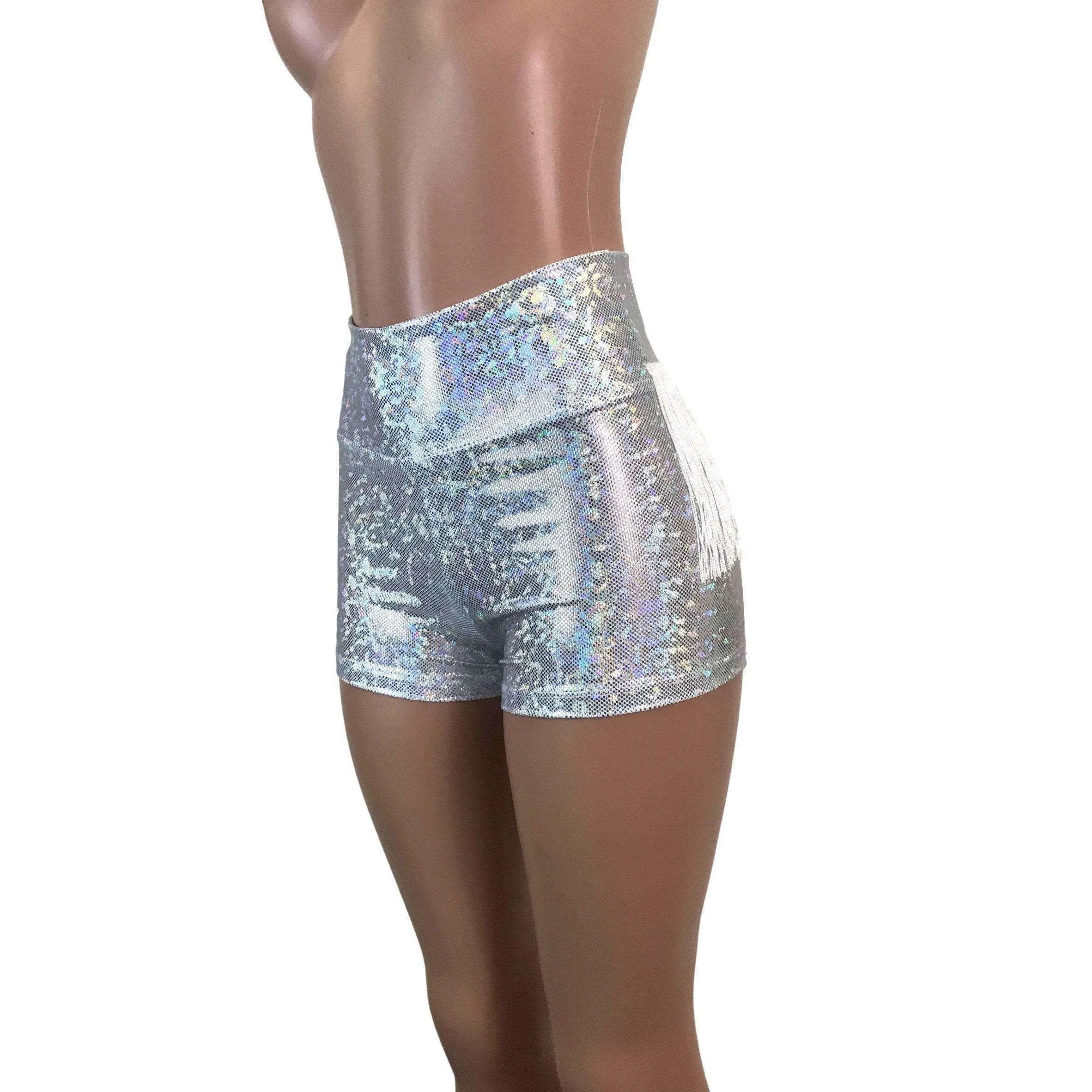 Fringe High Waisted Booty Shorts - Silver Shattered Glass