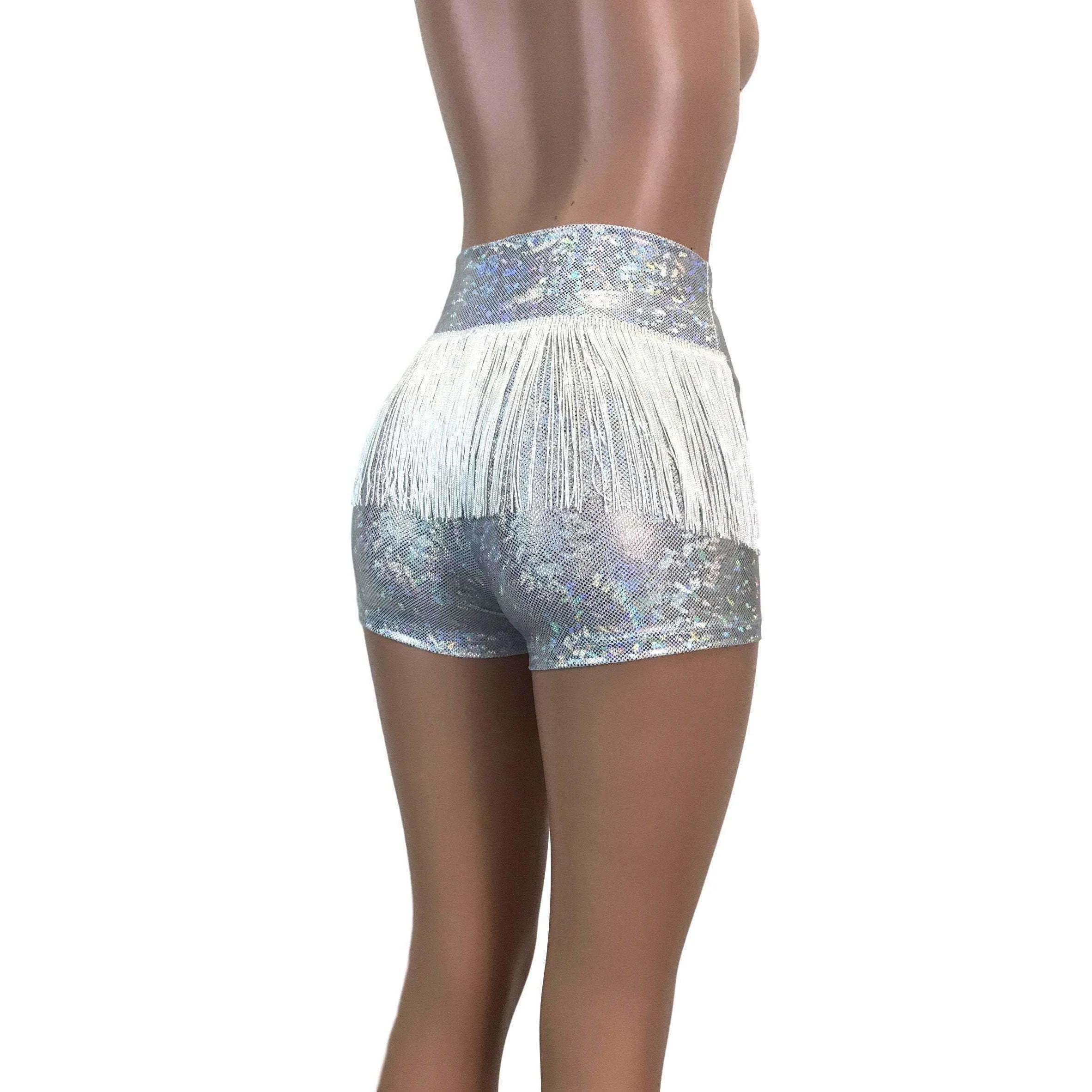 Fringe High Waisted Booty Shorts - Silver Shattered Glass