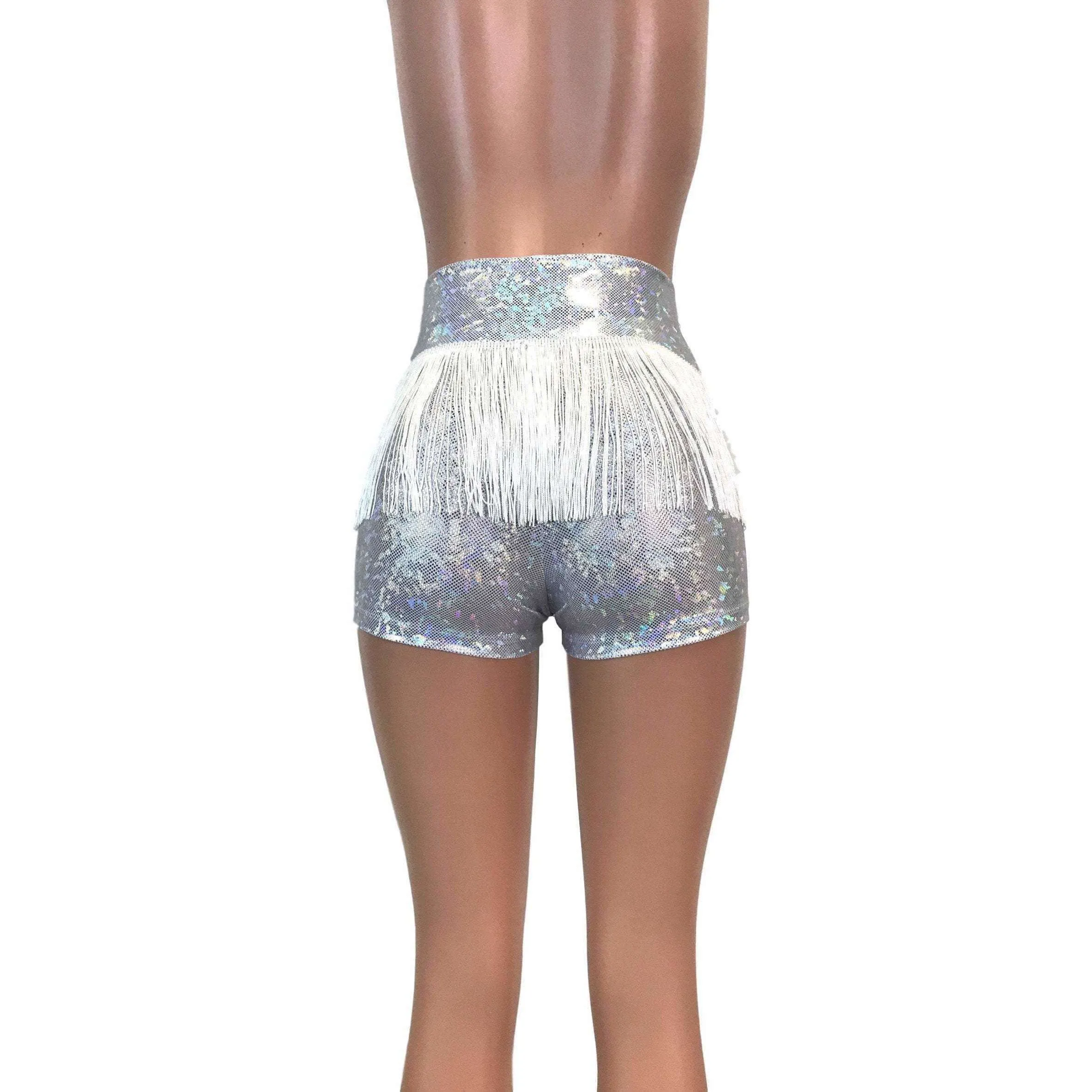 Fringe High Waisted Booty Shorts - Silver Shattered Glass