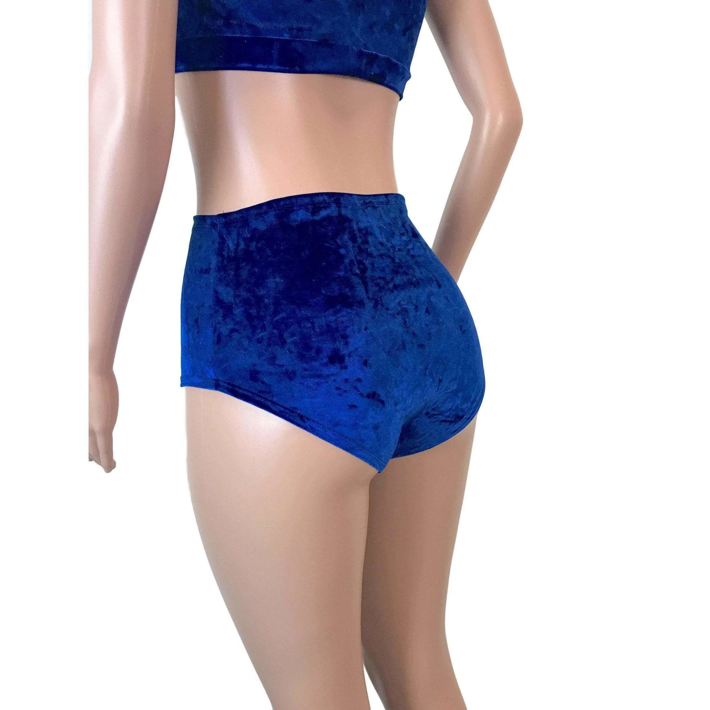 High Waist Hot Pants - Blue Crushed Velvet