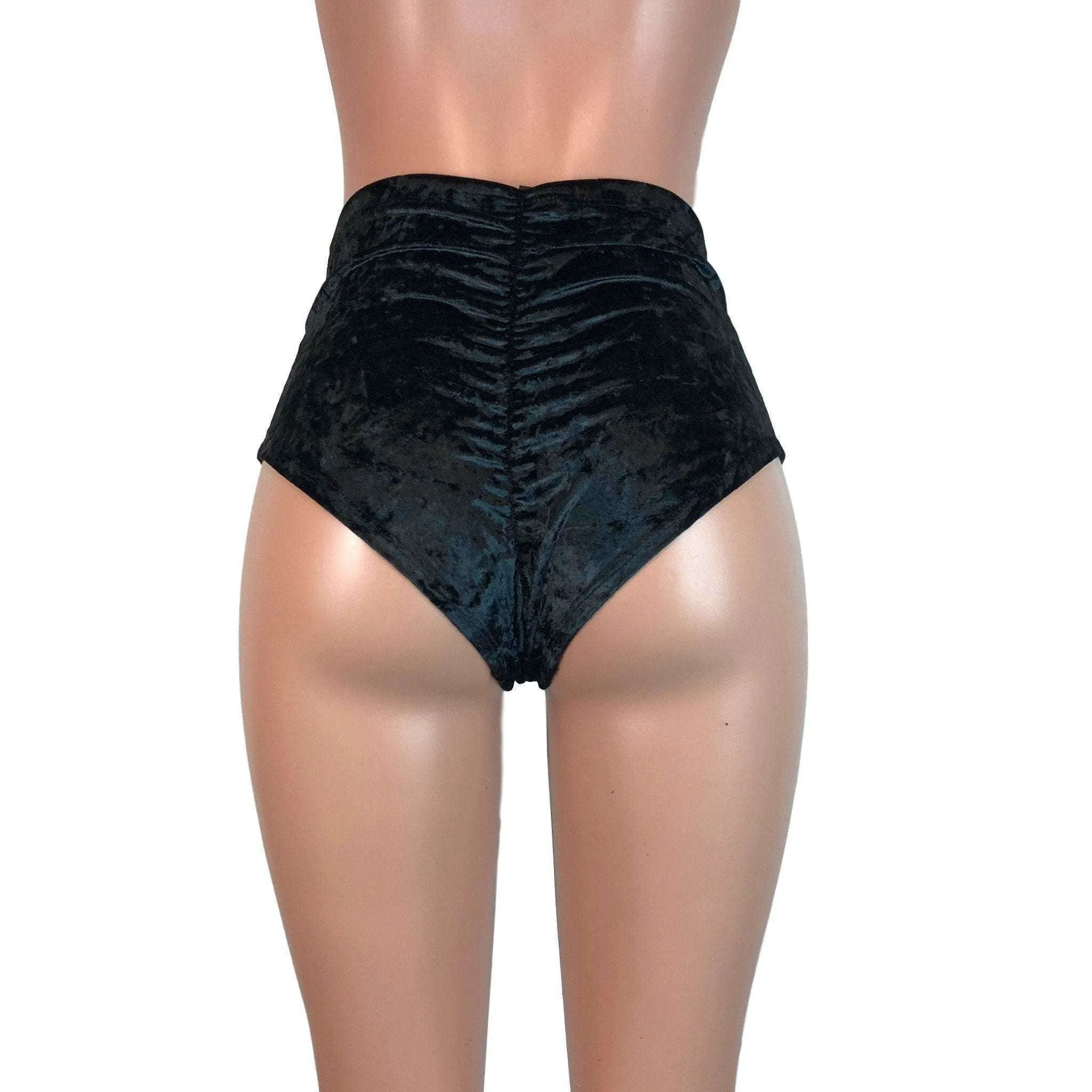 High Waist Scrunch Bikini Hot Pants - Black Crushed Velvet