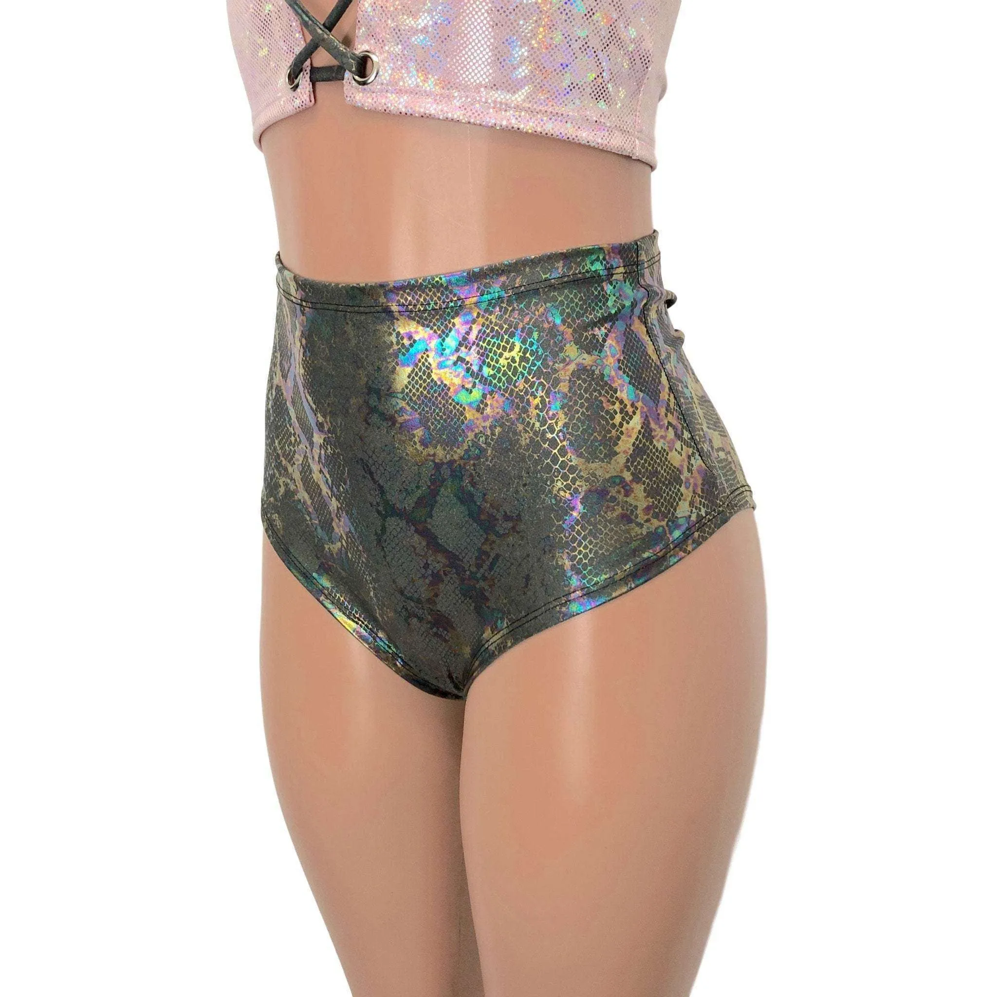 High Waist Scrunch Bikini Hot Pants - Gray Holographic Snakeskin