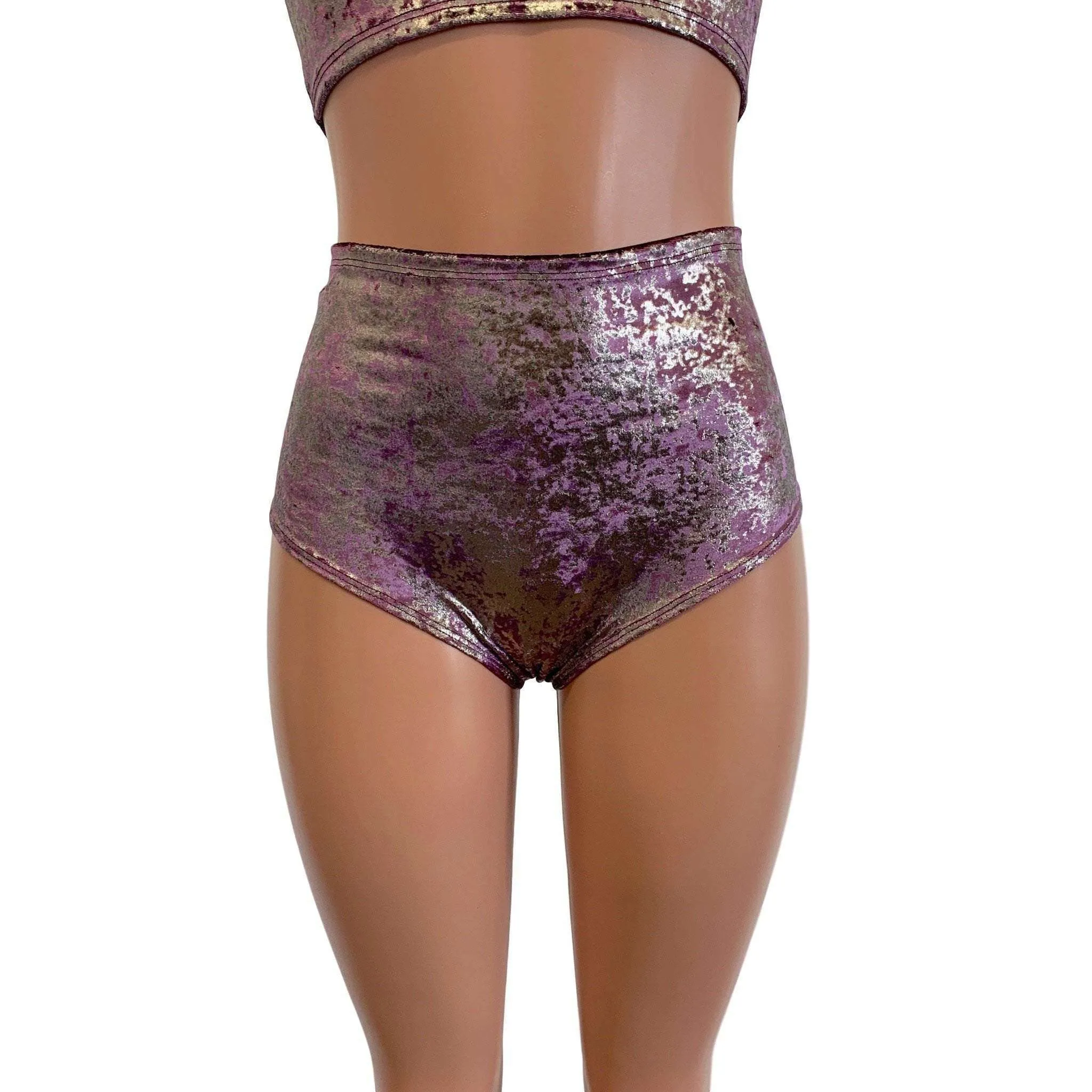 High Waist Scrunch Bikini Hot Pants - Plum/Gunmetal Gilded Velvet