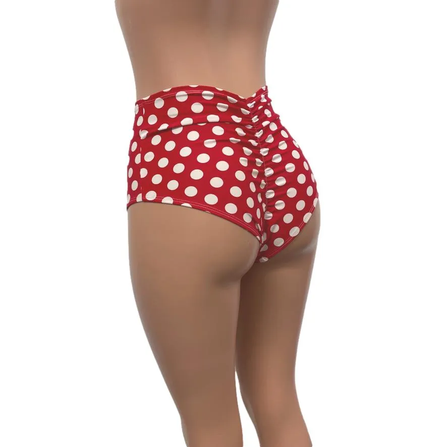 High Waist Scrunch Bikini Hot Pants - Red & White Polka Dot