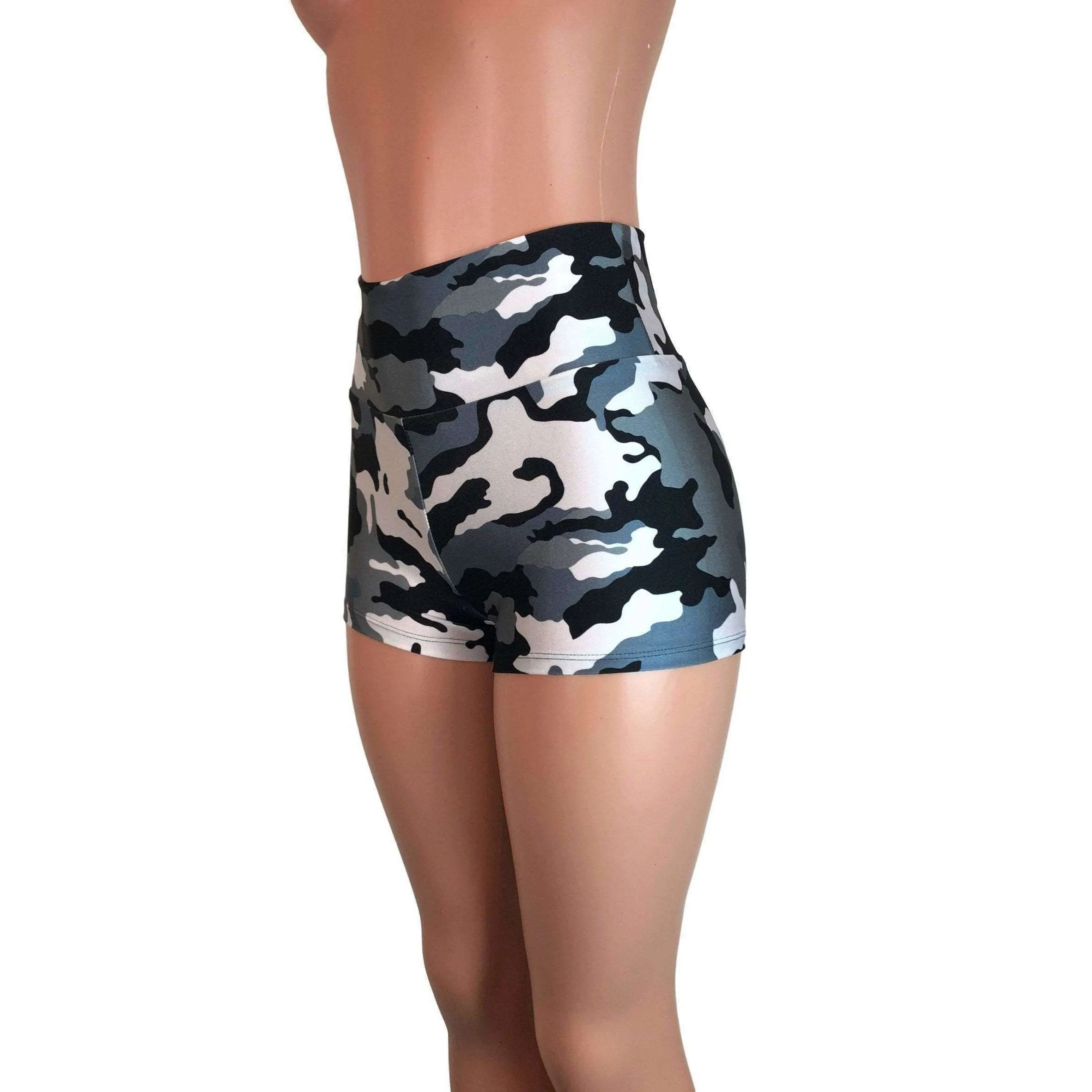 High Waisted Booty Shorts - Black & Gray Camo