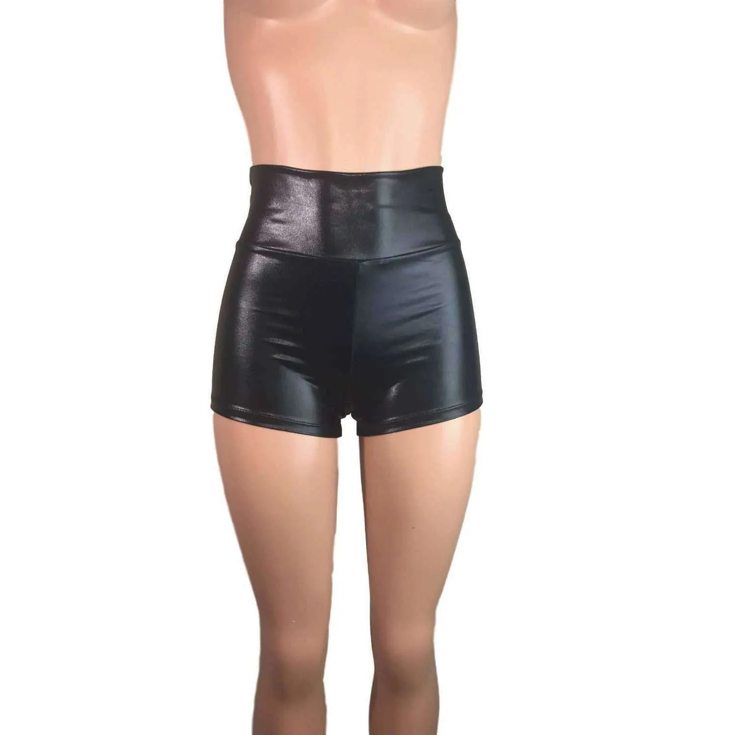 High Waisted Booty Shorts - Black Metallic "Wet Look"