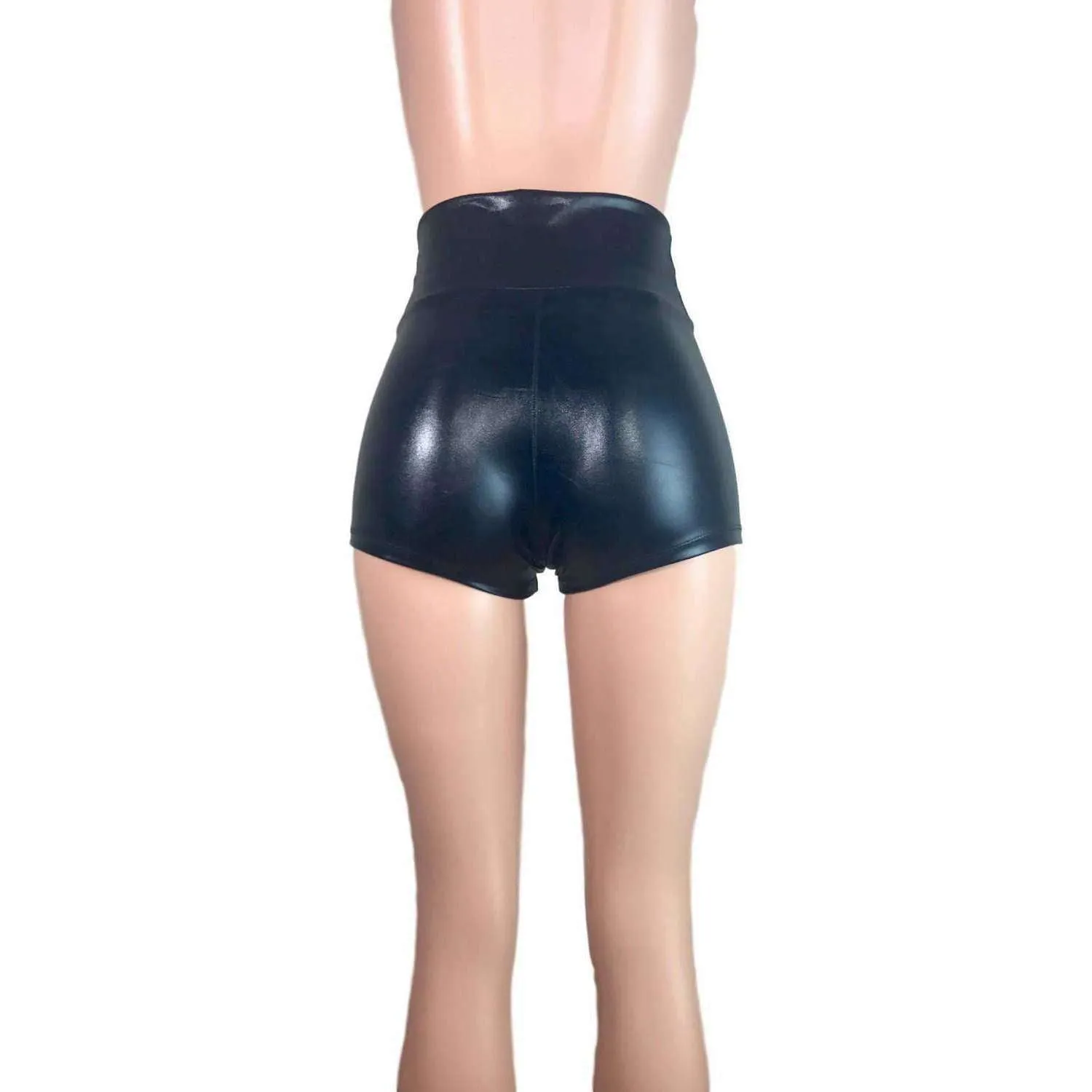 High Waisted Booty Shorts - Black Metallic "Wet Look"