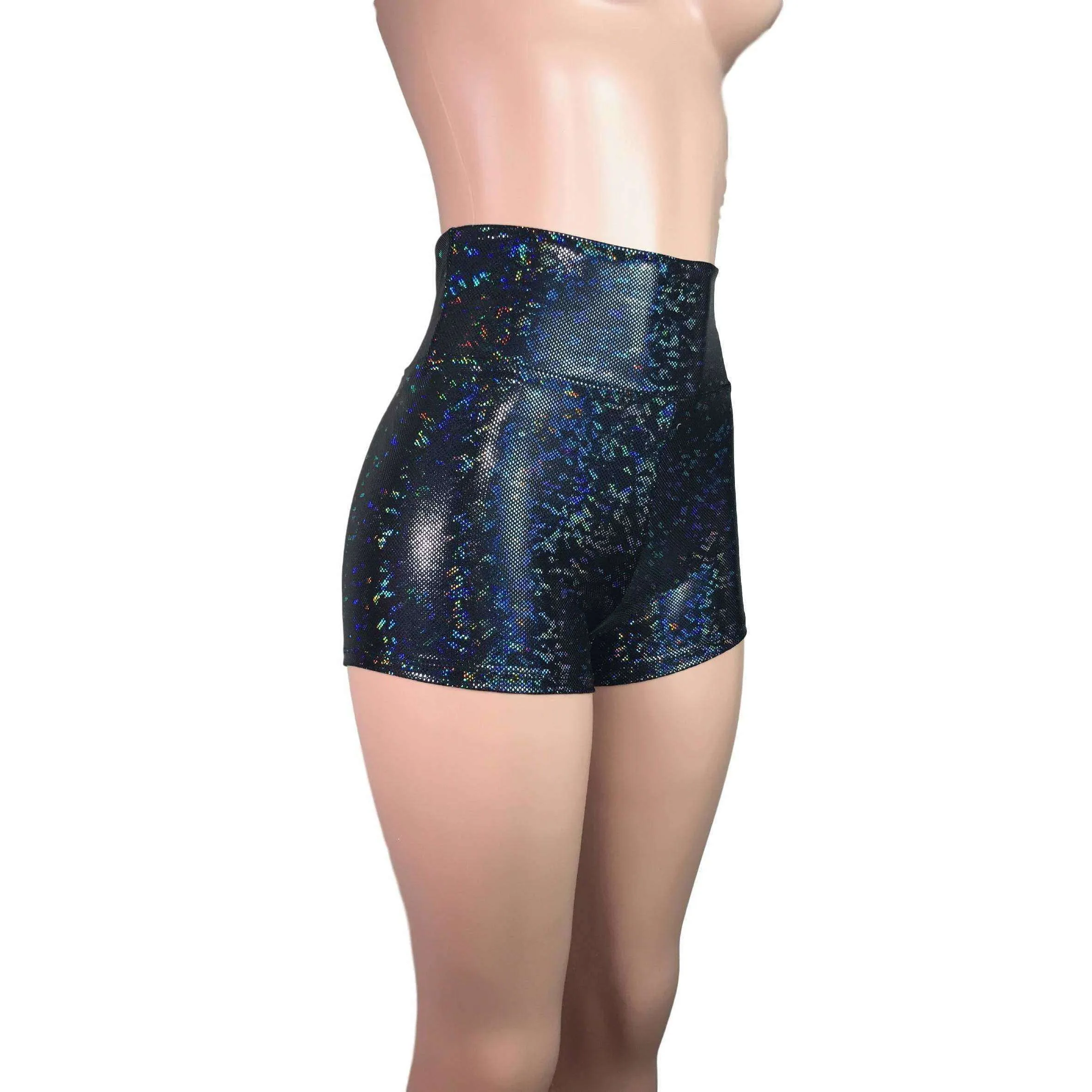 High Waisted Booty Shorts - Black Shattered Glass Holographic