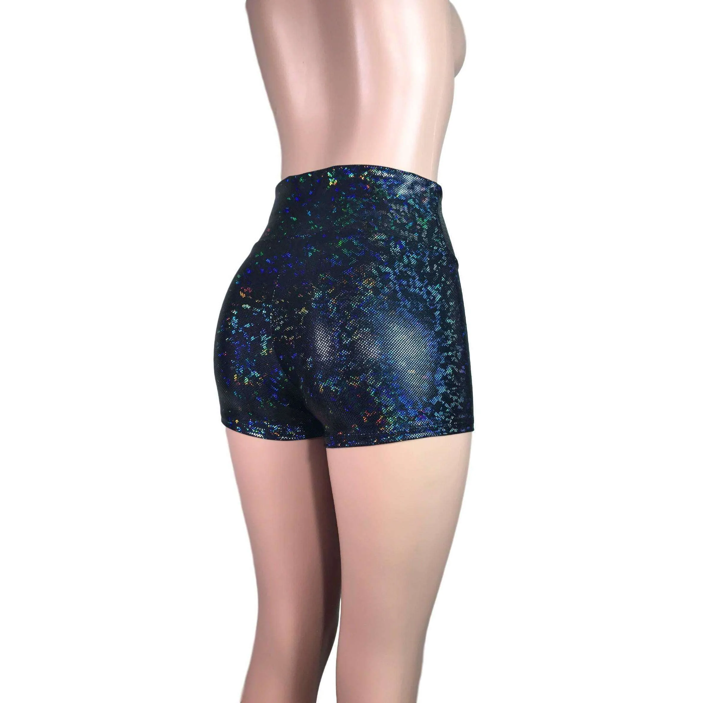 High Waisted Booty Shorts - Black Shattered Glass Holographic