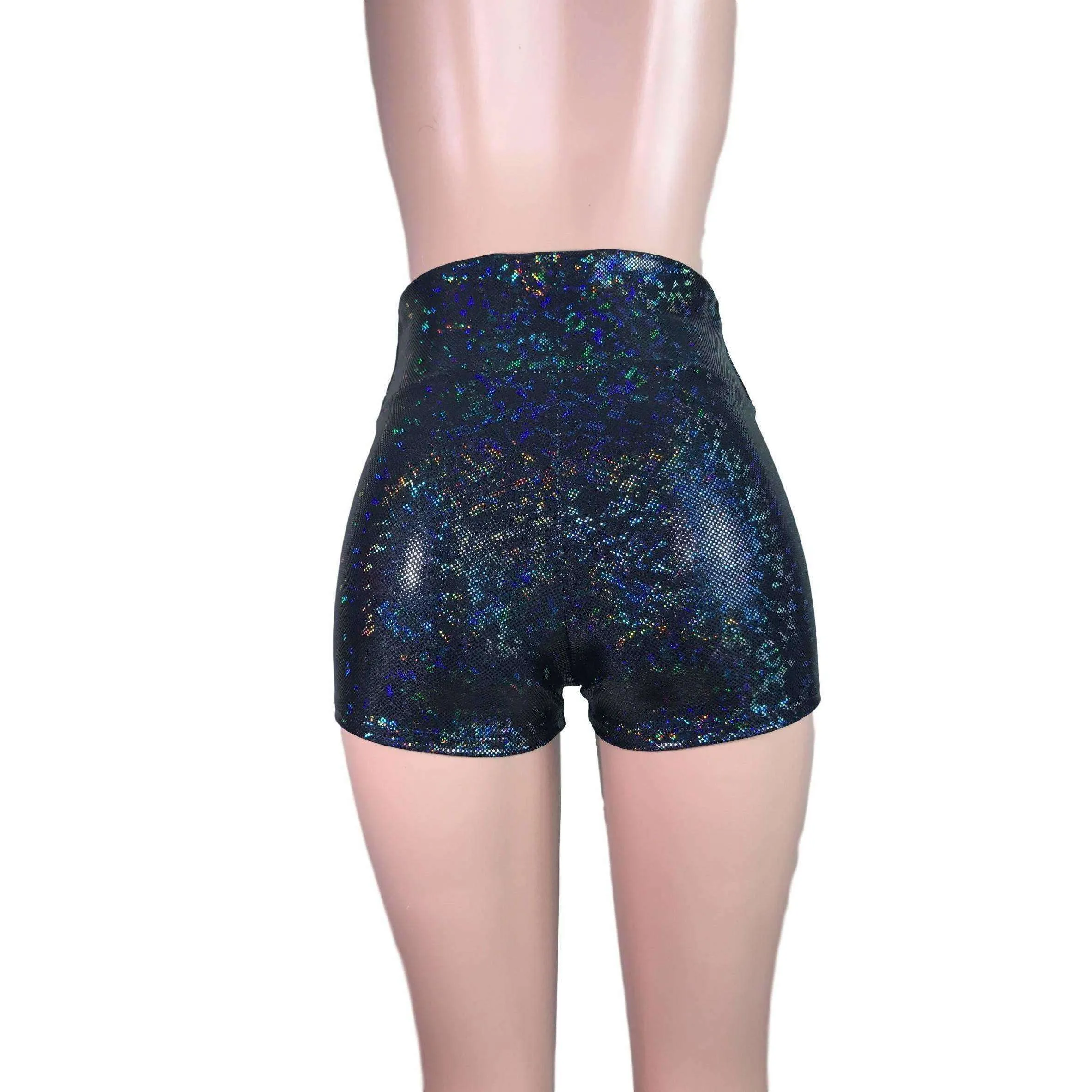 High Waisted Booty Shorts - Black Shattered Glass Holographic