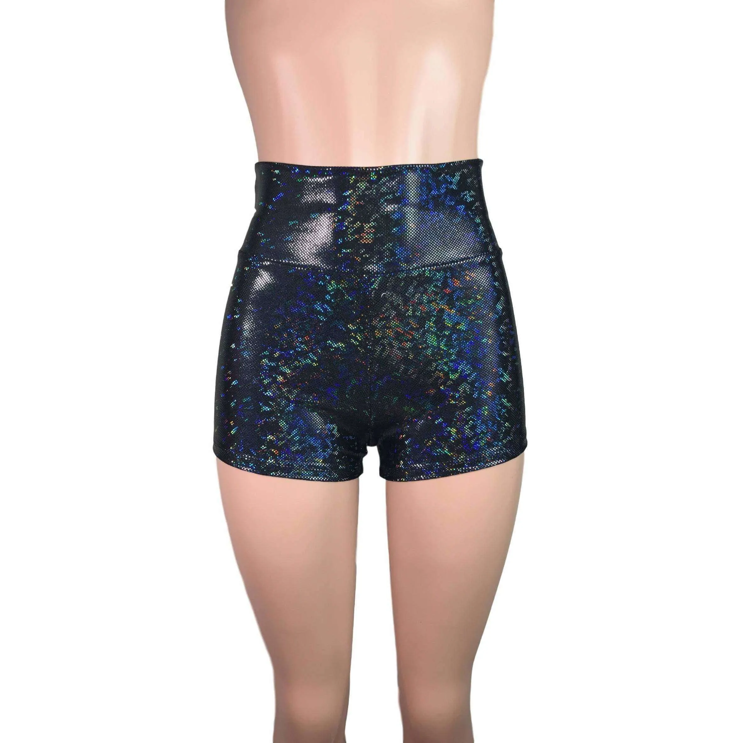 High Waisted Booty Shorts - Black Shattered Glass Holographic