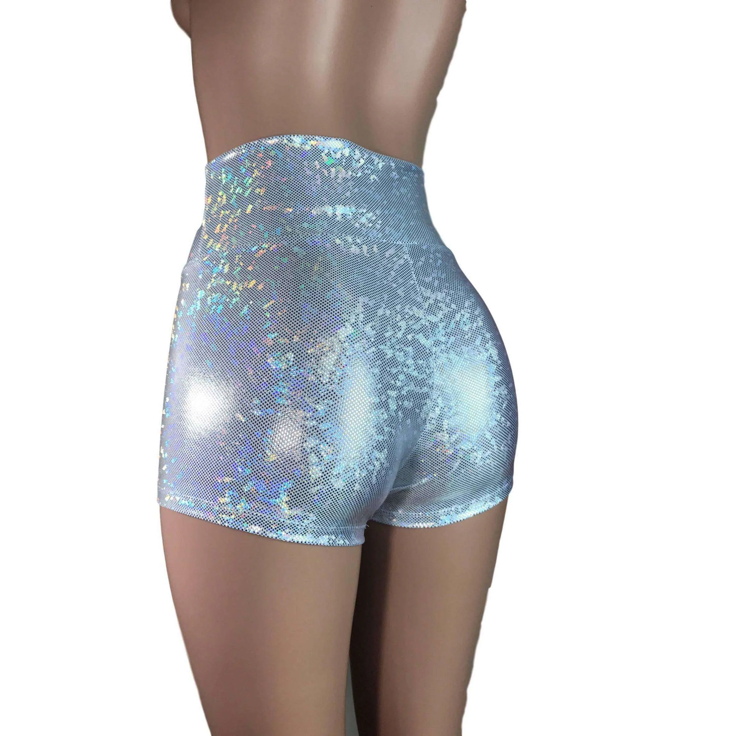 High Waisted Booty Shorts - Silver Shattered Glass