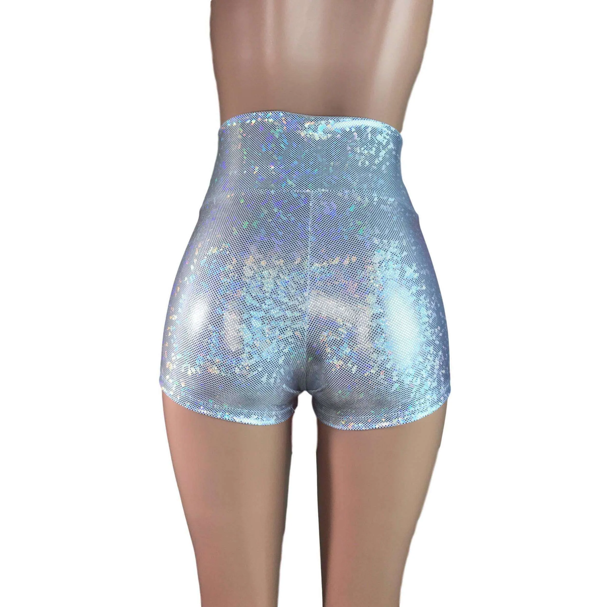 High Waisted Booty Shorts - Silver Shattered Glass