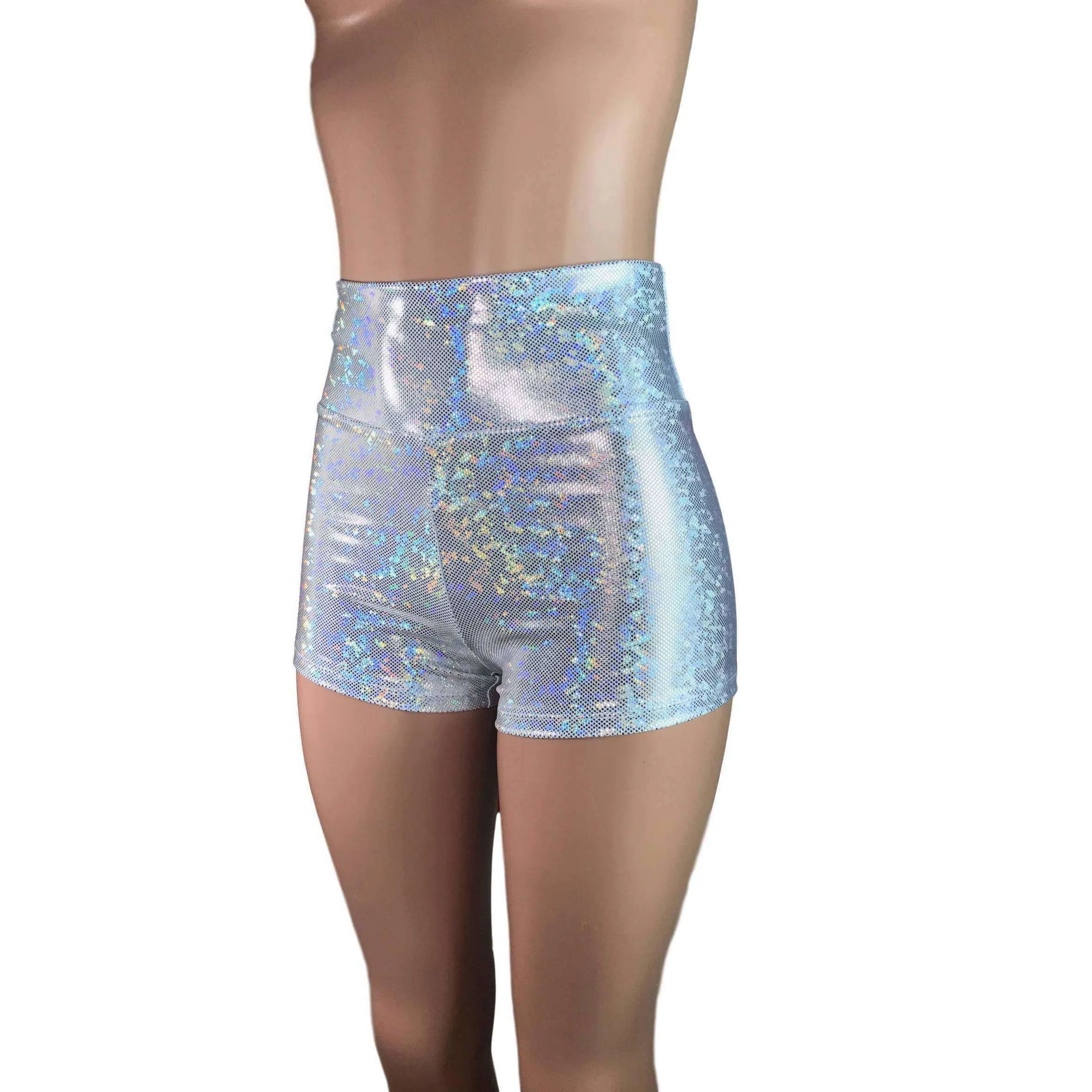 High Waisted Booty Shorts - Silver Shattered Glass