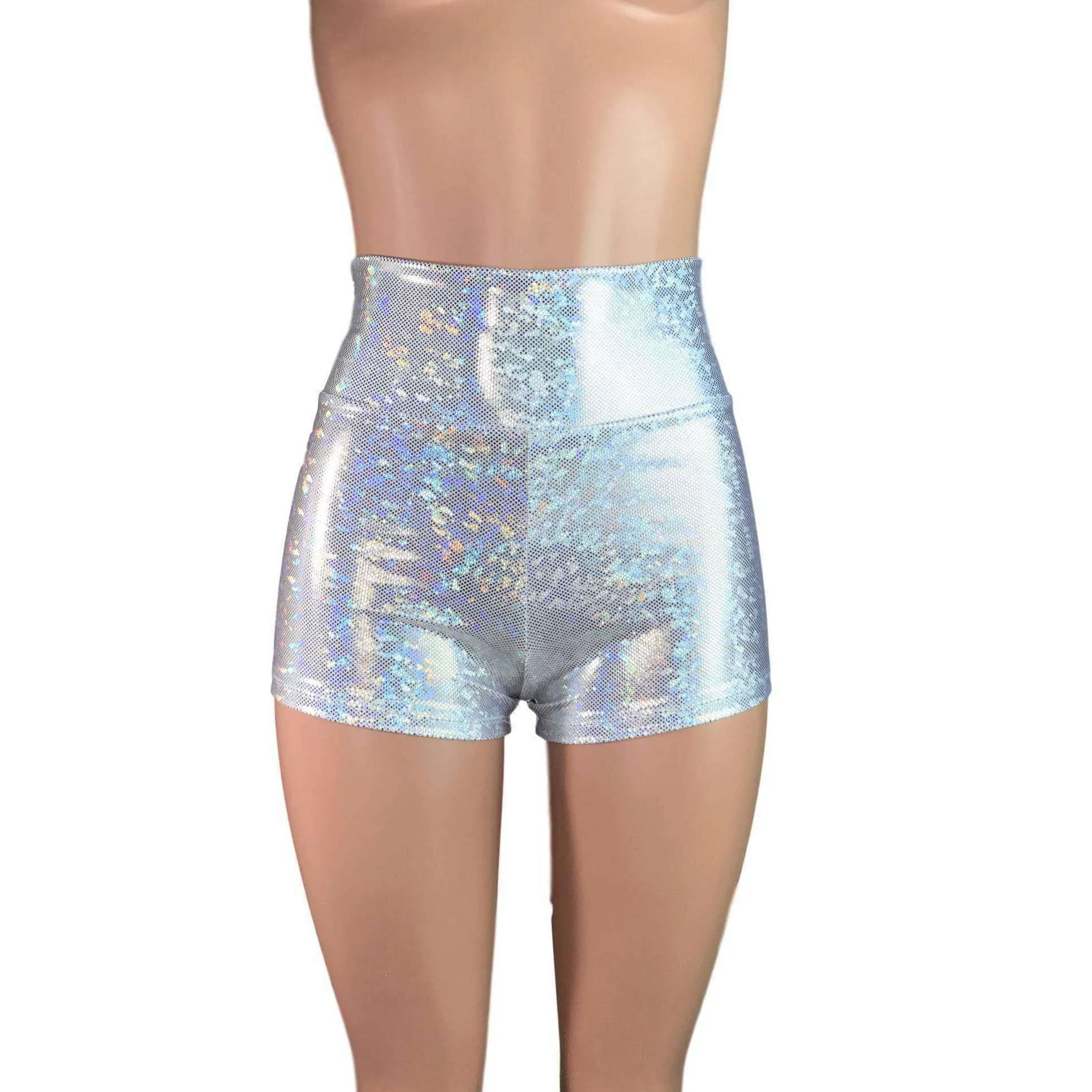 High Waisted Booty Shorts - Silver Shattered Glass