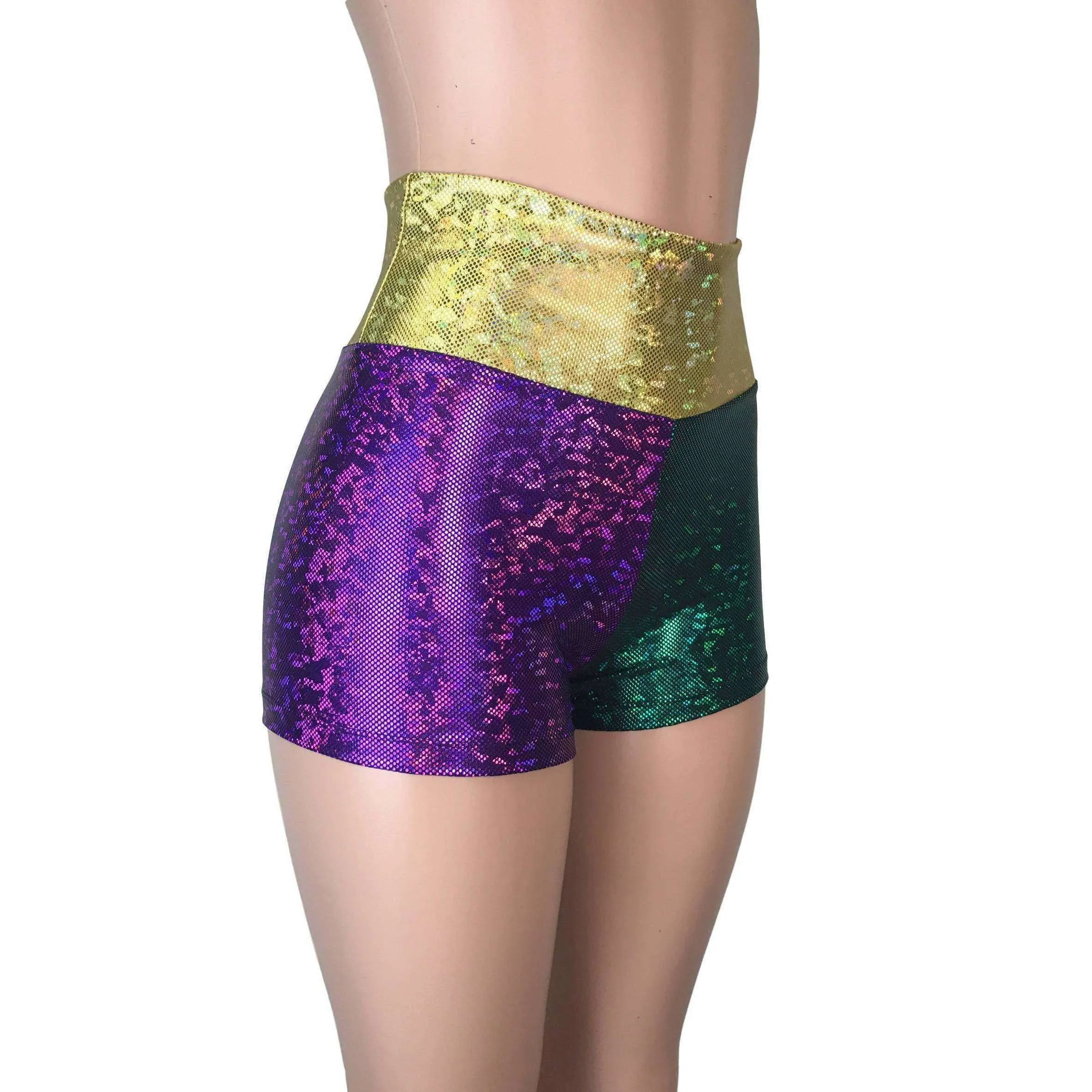 High Waisted Mardi Gras Booty Shorts - Holographic