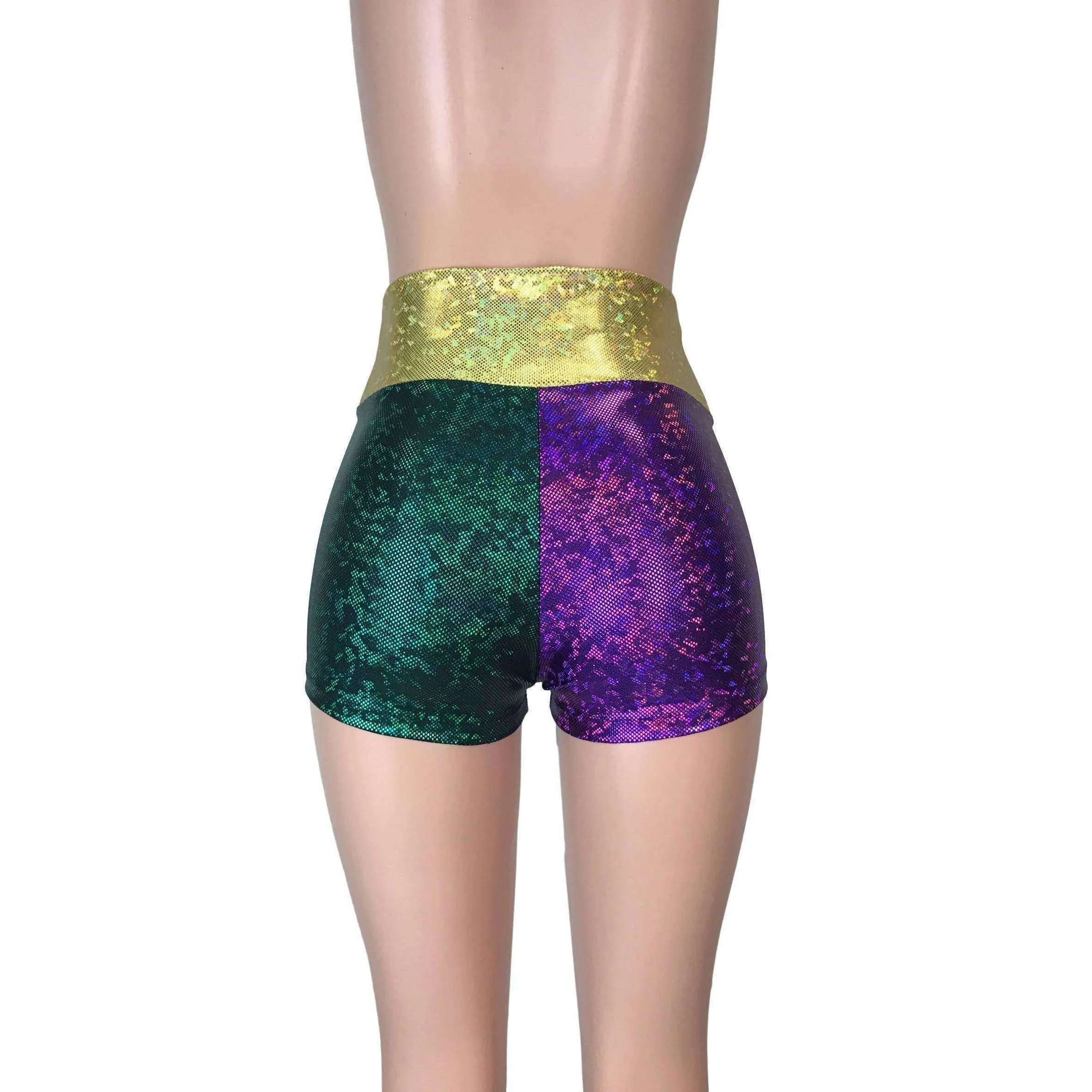 High Waisted Mardi Gras Booty Shorts - Holographic