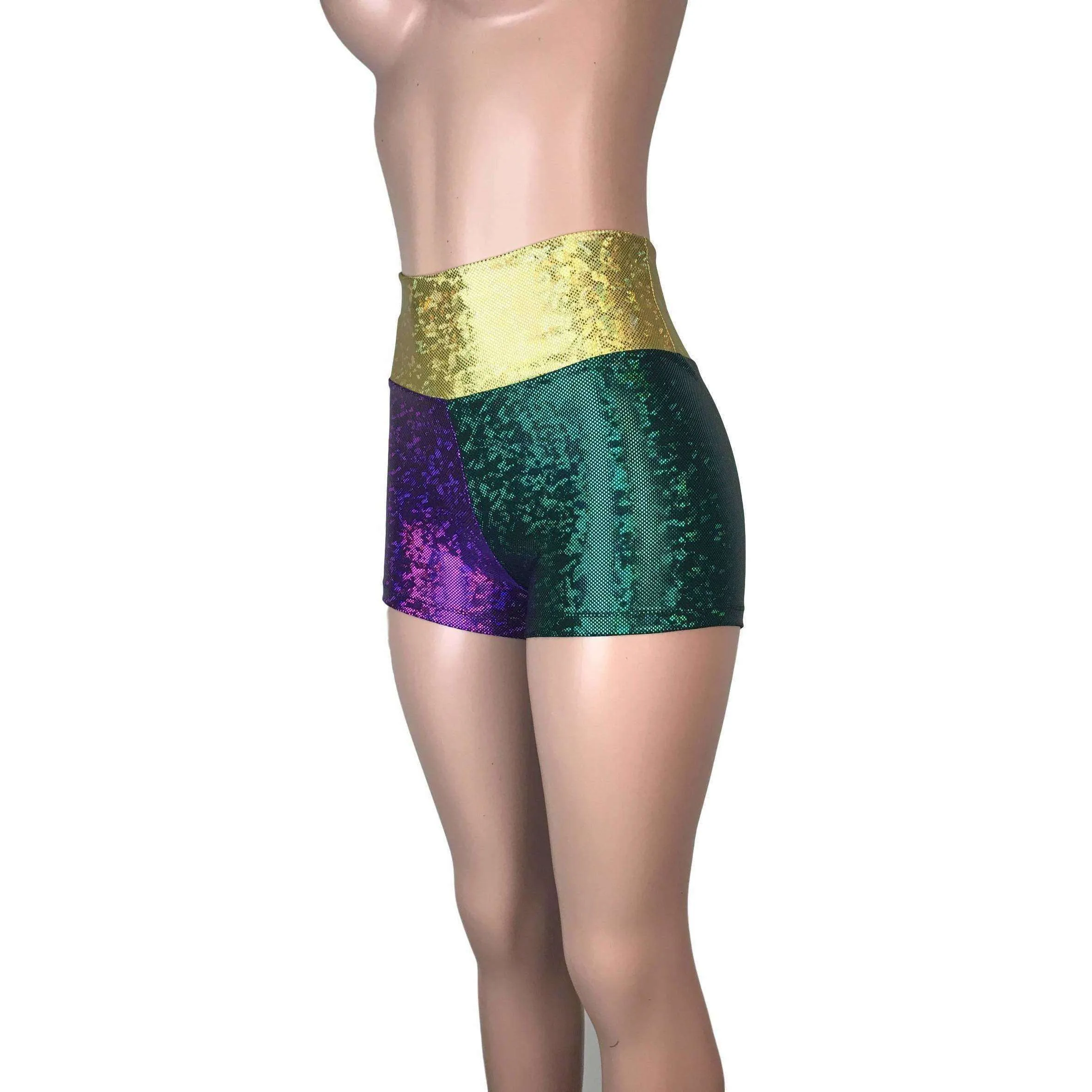 High Waisted Mardi Gras Booty Shorts - Holographic