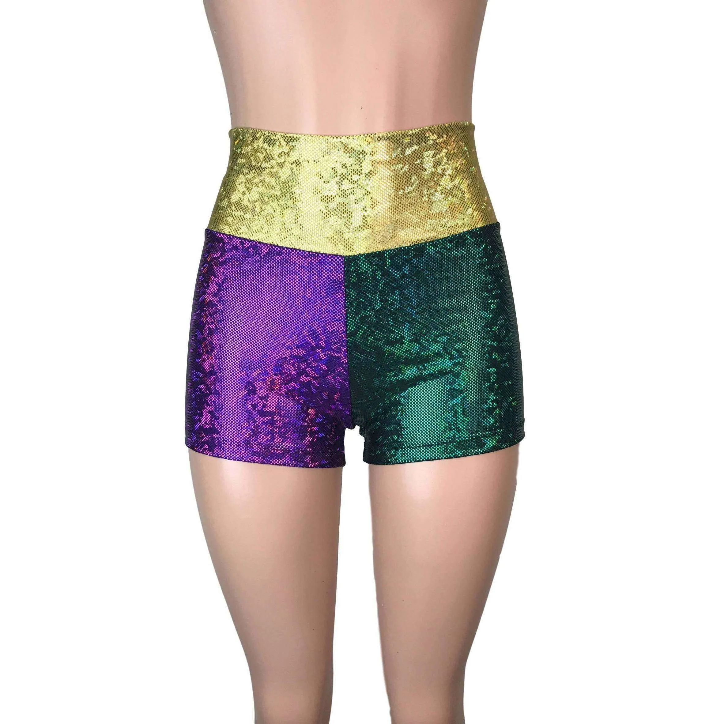 High Waisted Mardi Gras Booty Shorts - Holographic