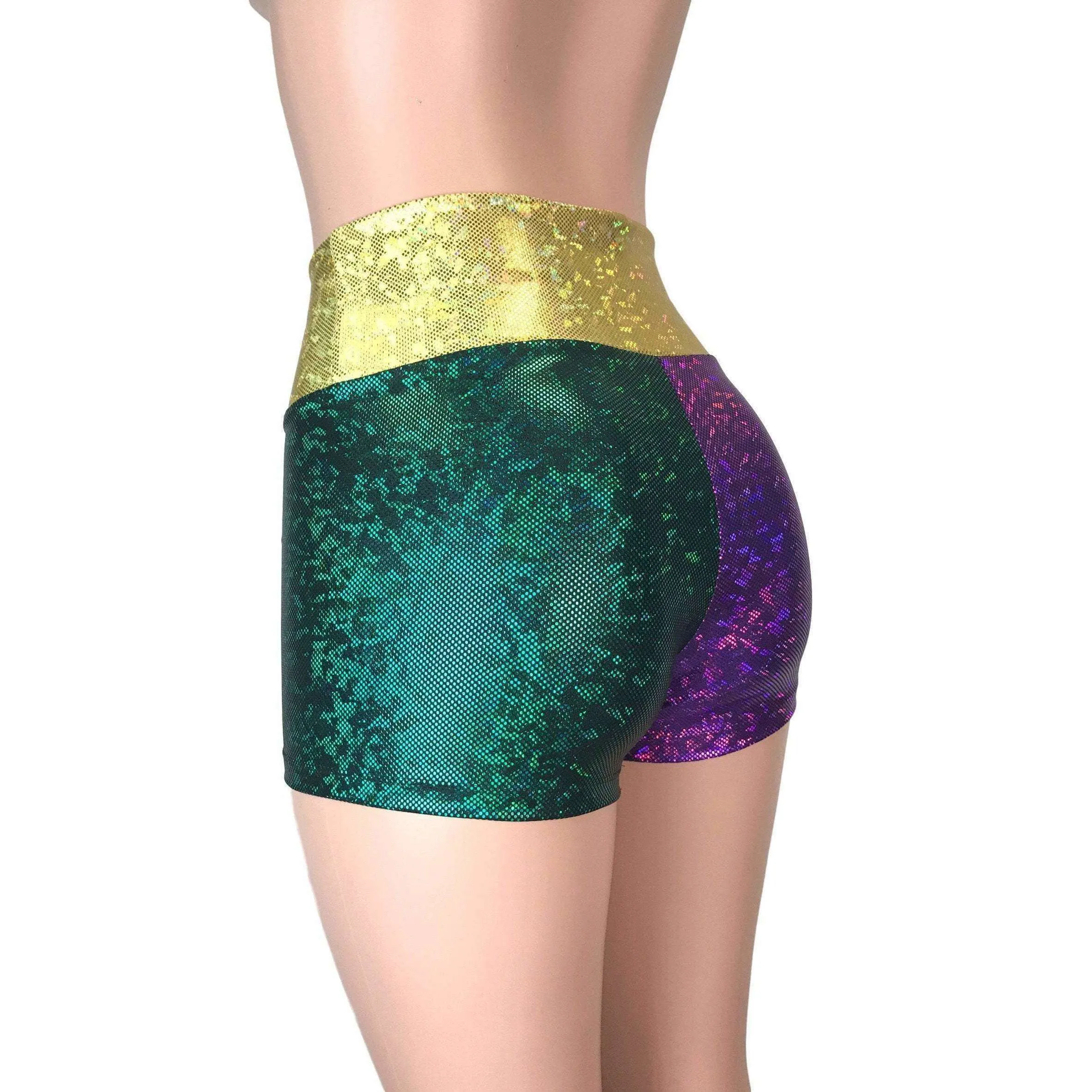 High Waisted Mardi Gras Booty Shorts - Holographic